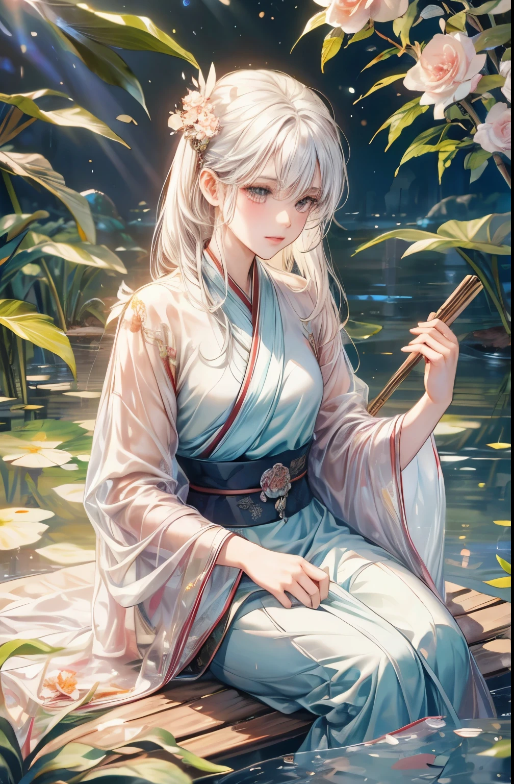 two-dimensional, antiquity, spring garden, outdoor, white hair, hanfu, nature, There is a pond in the center of the courtyard, Begonia floating in the pond, Girl sitting on the bench in the corridor, Wearing a transparent feather robe, holding bamboo flute, casual body posture, intricate details, best quality, Ray tracing, rendering, 8K, masterpiece