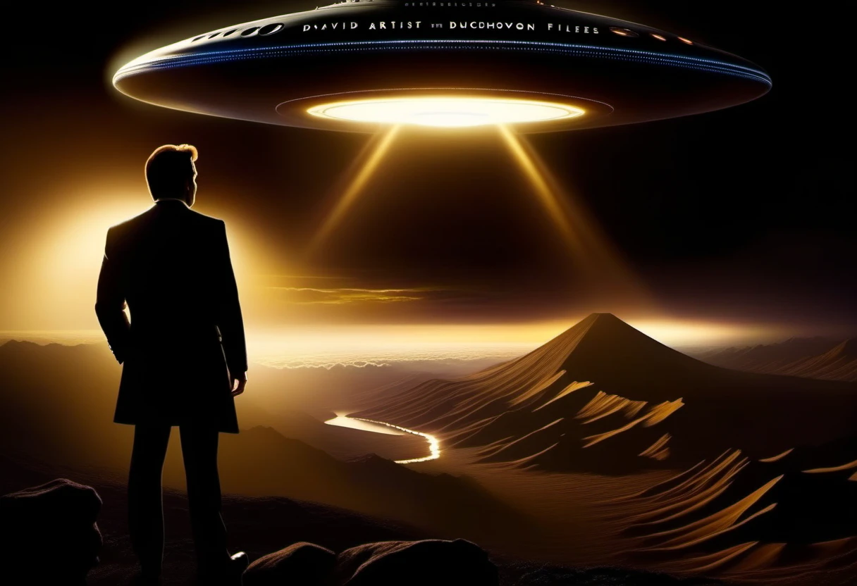 An artistically underexposed, dramatic silhouette of David Duchovny in his Mulder persona, gazing into the far reaches of the night canvas clutched by the ominous shadows of The X-Files, a grandiose UFO- illuminated on the horizon, labels this image a digital concept art masterpiece. The arrangement energetically follows the golden triangle rule. Guiding the audience's attention on his quest into the unknown. High Resolution, High Quality, Masterpiece. best quality, masterpiece, super detail

