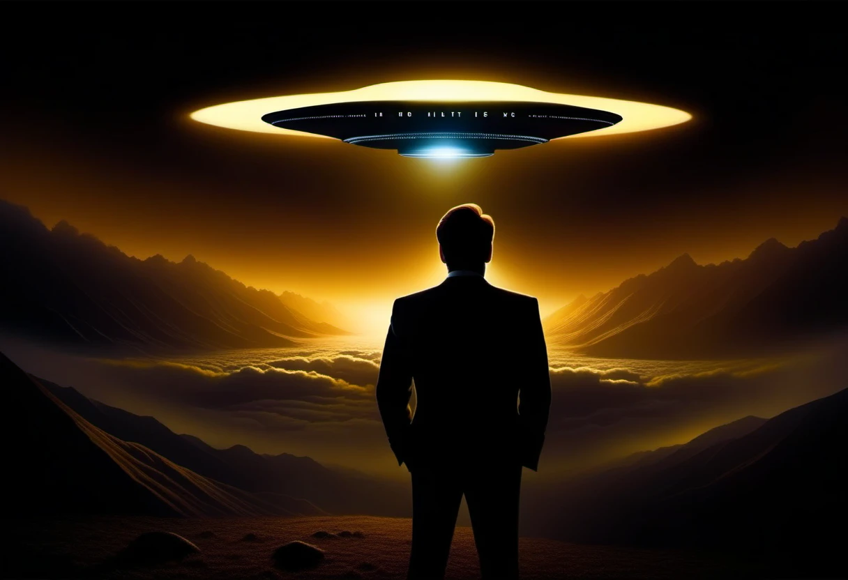 An artistically underexposed, dramatic silhouette of David Duchovny in his Mulder persona, gazing into the far reaches of the night canvas clutched by the ominous shadows of The X-Files, a grandiose UFO- illuminated on the horizon, labels this image a digital concept art masterpiece. The arrangement energetically follows the golden triangle rule. Guiding the audience's attention on his quest into the unknown. High Resolution, High Quality, Masterpiece. best quality, masterpiece, super detail

