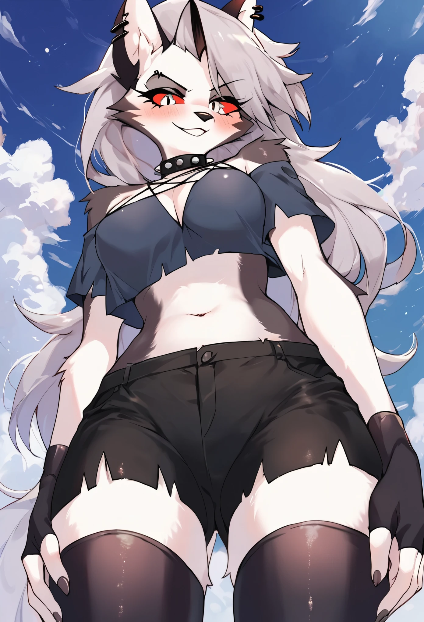 score_9, score_8_up, BREAK, source_anime, (1girl, solo), perfect body, slim, thigh highs, fingerless gloves,
anthro, furry, pose, sexy, from below,  blush, smirk,
Loona \(Helluva Boss\), 