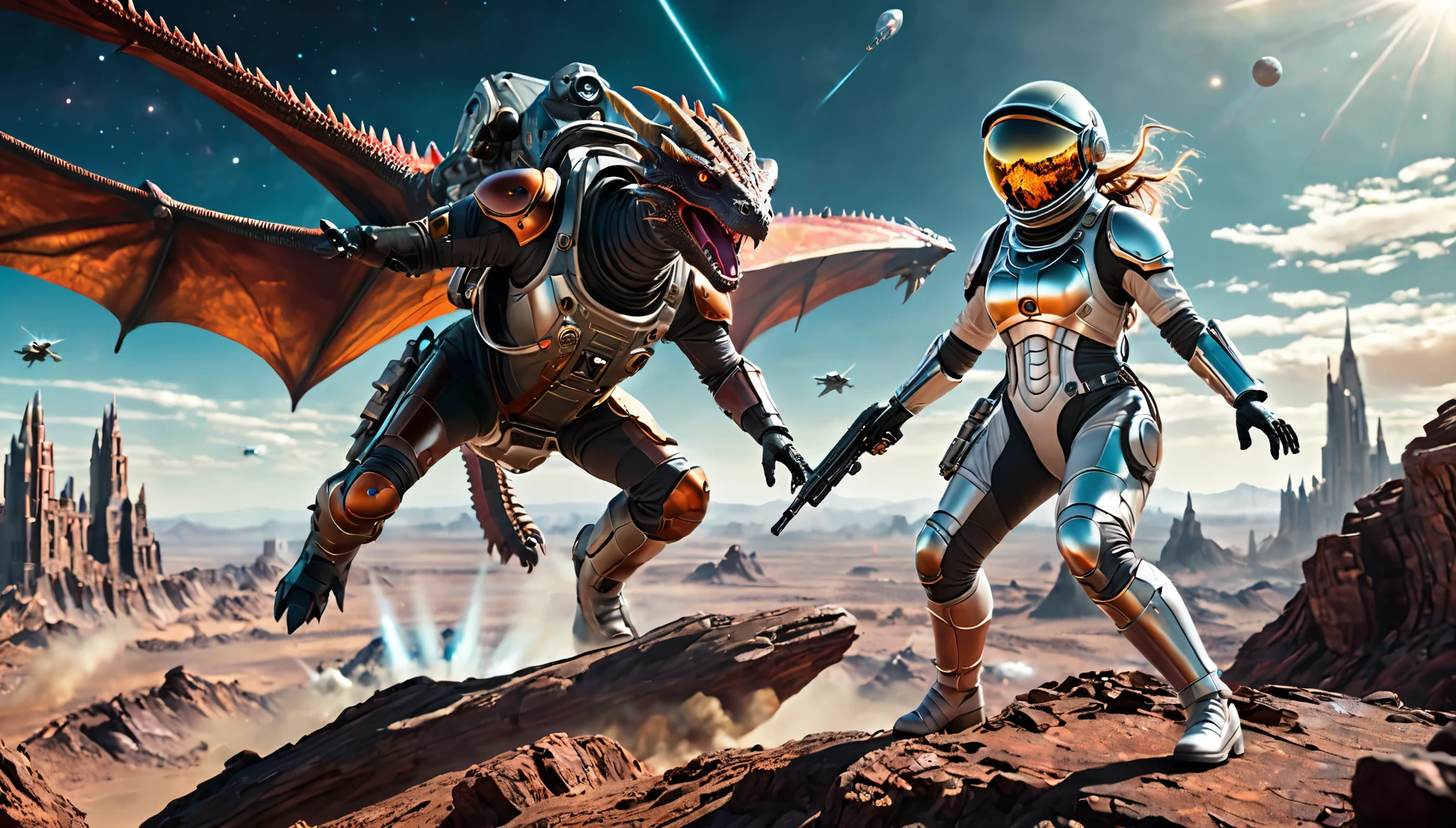 cinematic scene, hiperrealism, a woman in a glass spacesuit, uses a blaster in battle against a flying dragon, looks at the dragon and shoots it, on the surface of a terrible planet, action pose, in the background another large spaceship, an epic scene, battle, war, a mystical Martian city in the steampunk style is visible, even further away unusual inhabitants, a mystical environment, a sky full of bright multi-colored stars and satellites, realistic photo, ultra-detailed backgrounds, ultra-high resolution, ultra-high quality.