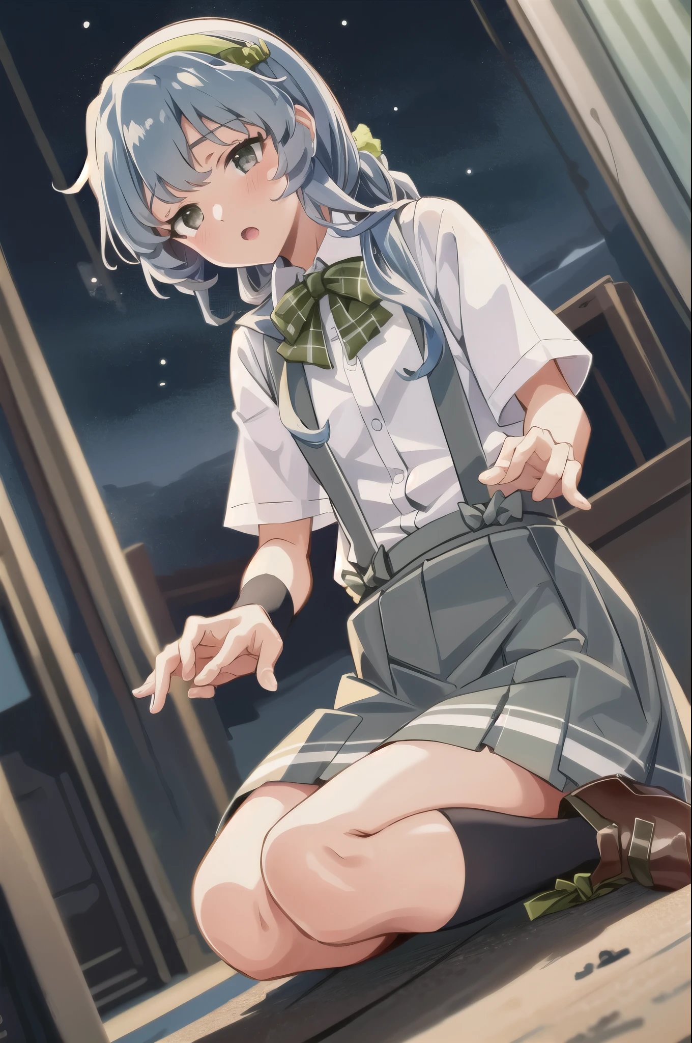 YamagumoKC, (white) shirt, (suspenders) skirt, (green) hair band, (pleats) skirt, (gray) skirt, (black) shoes下, shoes, (single) Braid, Scrunchie, side lock, (green) bow tie, (plaid) bow tie, arm warmers,
