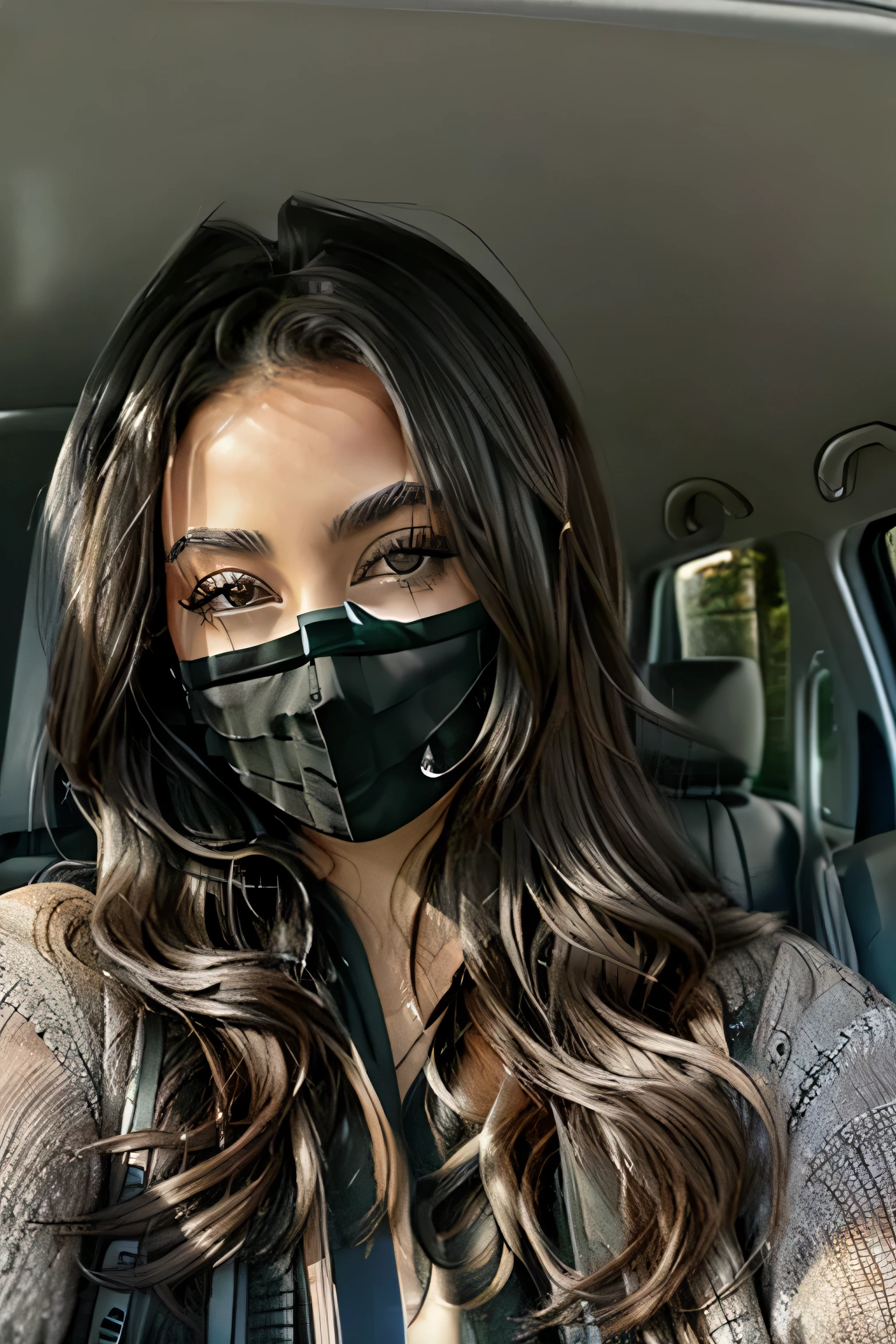 1girl,black_eyes,black_hair,forehead,ground_vehicle,long_hair,looking_at_viewer,mask,motor_vehicle,mouth_mask,solo