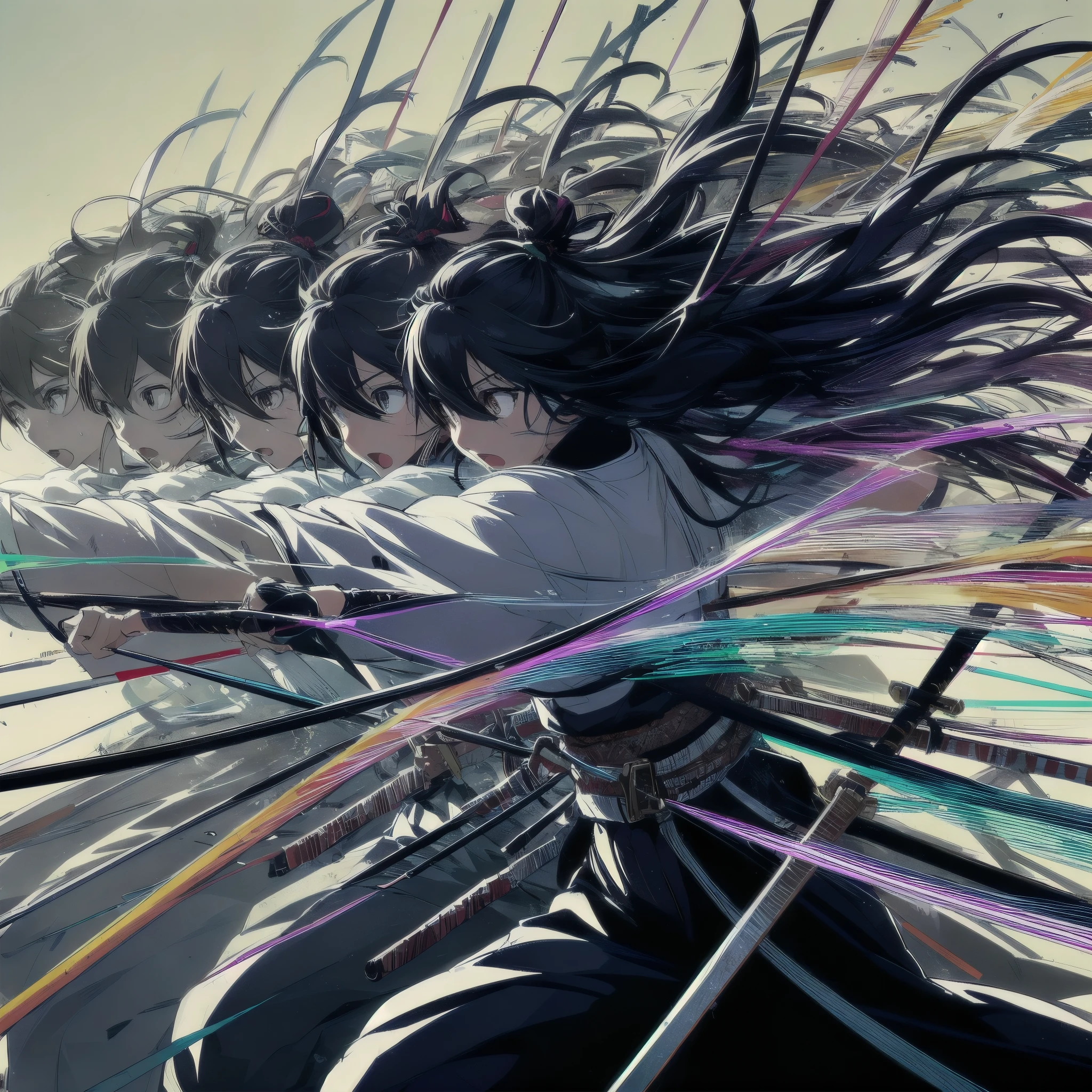 Create an anime-style illustration that combines multiple layers and sequential frames to depict a dynamic warrior with vibrant black hair in a complex action scene. The scene uses a multi-layered approach to show the warrior's synchronized movements, with afterimages and a frame-by-frame progression that captures the essence of her rapid katana strikes. Each layer builds upon the last, creating a depth of motion and a visual echo of her actions, representing the fluidity and speed of her attacks. The background is filled with the ghosting effect of her movements at 60
FPS, emphasizing the continuity and intensity of her combat style. This intricate display showcases not only her physical prowess but also the artistic representation of motion and energy in battle.