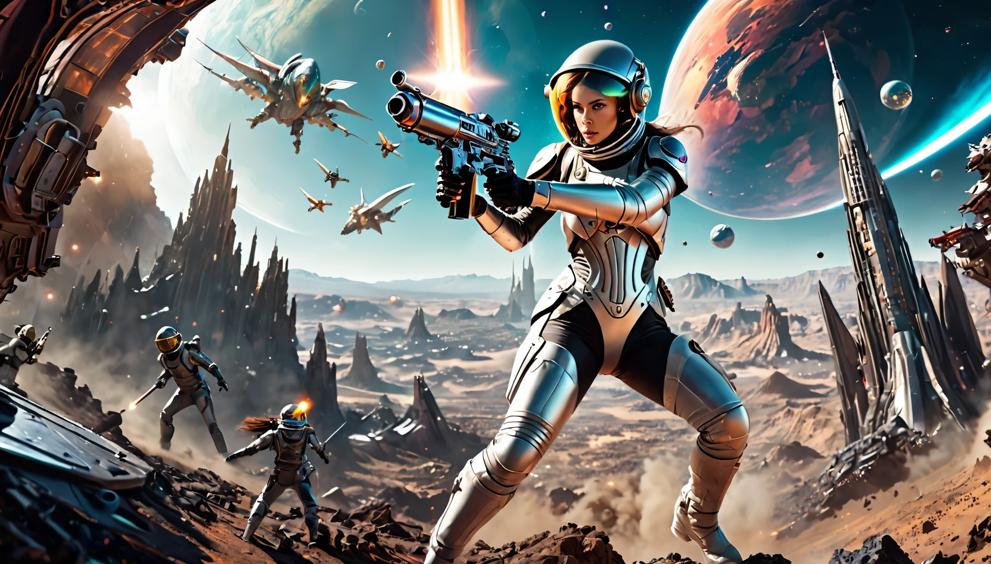 cinematic scene, hiperrealism, a woman in a glass spacesuit, uses a blaster in battle against a flying dragon, looks at the dragon and shoots it, on the surface of a terrible planet, action pose, in the background another large spaceship, an epic scene, battle, war, a mystical Martian city in the steampunk style is visible, even further away unusual inhabitants, a mystical environment, a sky full of bright multi-colored stars and satellites, realistic photo, ultra-detailed backgrounds, ultra-high resolution, ultra-high quality.
