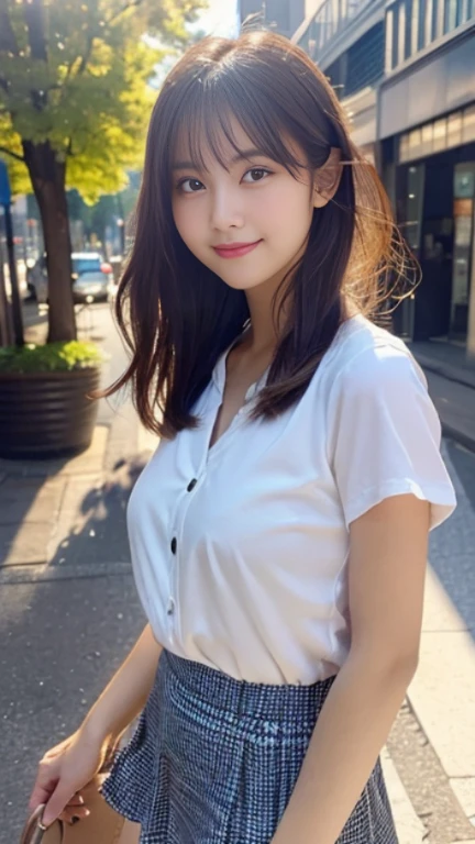 (highest quality,masterpiece:1.3,ultra high resolution),(Super detailed,caustics,8K),(realistic:1.4,RAW shooting),(full body shot),(film photography),1 girl,(bright personality),(smile and look down at the camera),(Shadows on the skin),(front shot:1.1),(look forward),25 years old,cute,Japanese,glamorous,(small tits),(close),(chest focus),In front of the station,street,sunlight,Natural light,(Backlight),(A bright light shines from behind),(Lens flare),professional writing,(cowboy shot),(Low - Angle:1.3),(mini skirt),(spring fashion trends)