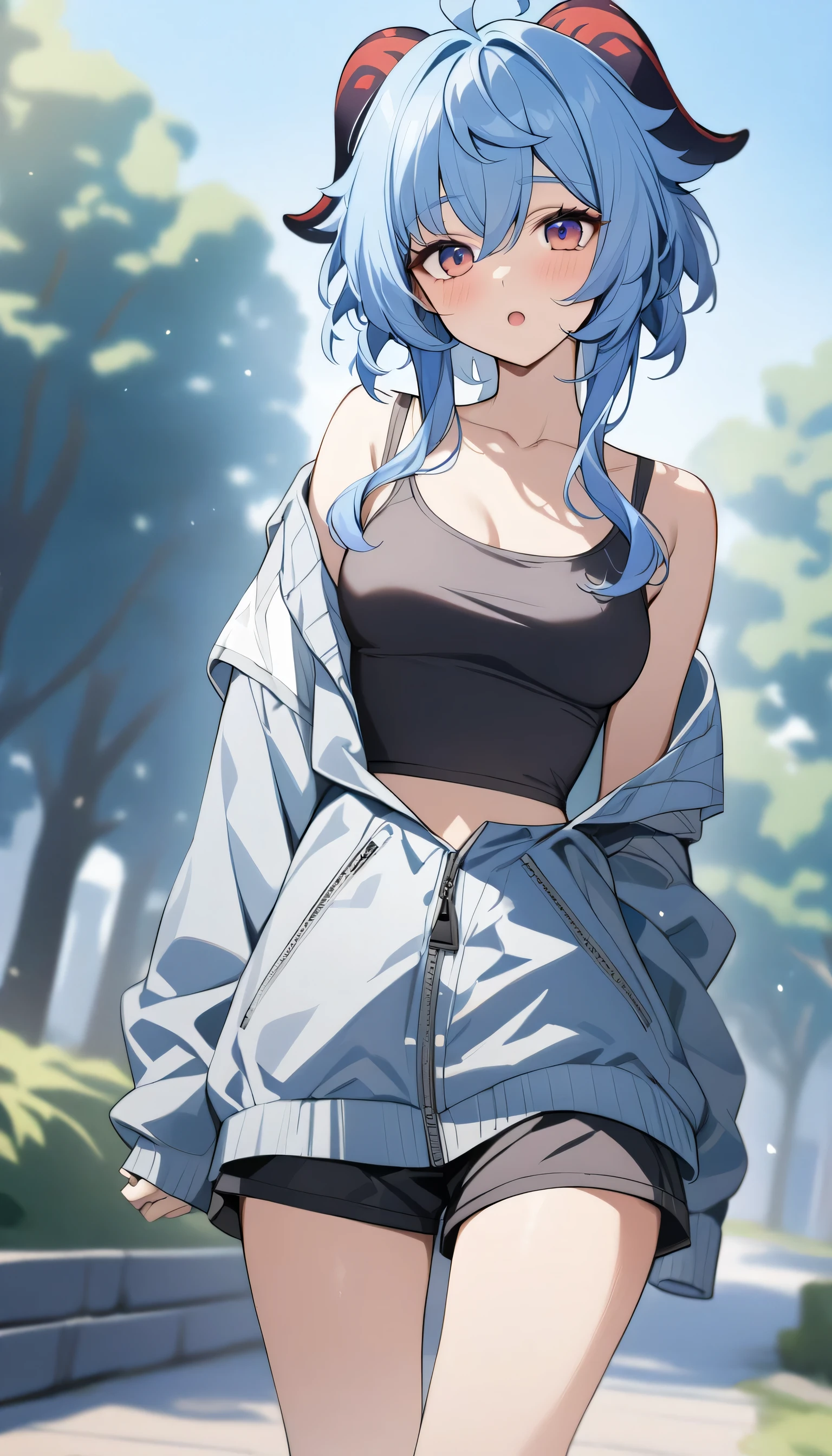 (masterpiece), best quality, expressive eyes, perfect face, (low angle),
Ganyu, Genshin Impact, :o, light blush, standing, contrapposto, (streetwear clothing), medium breasts, looking at viewer, background park, collarbone,