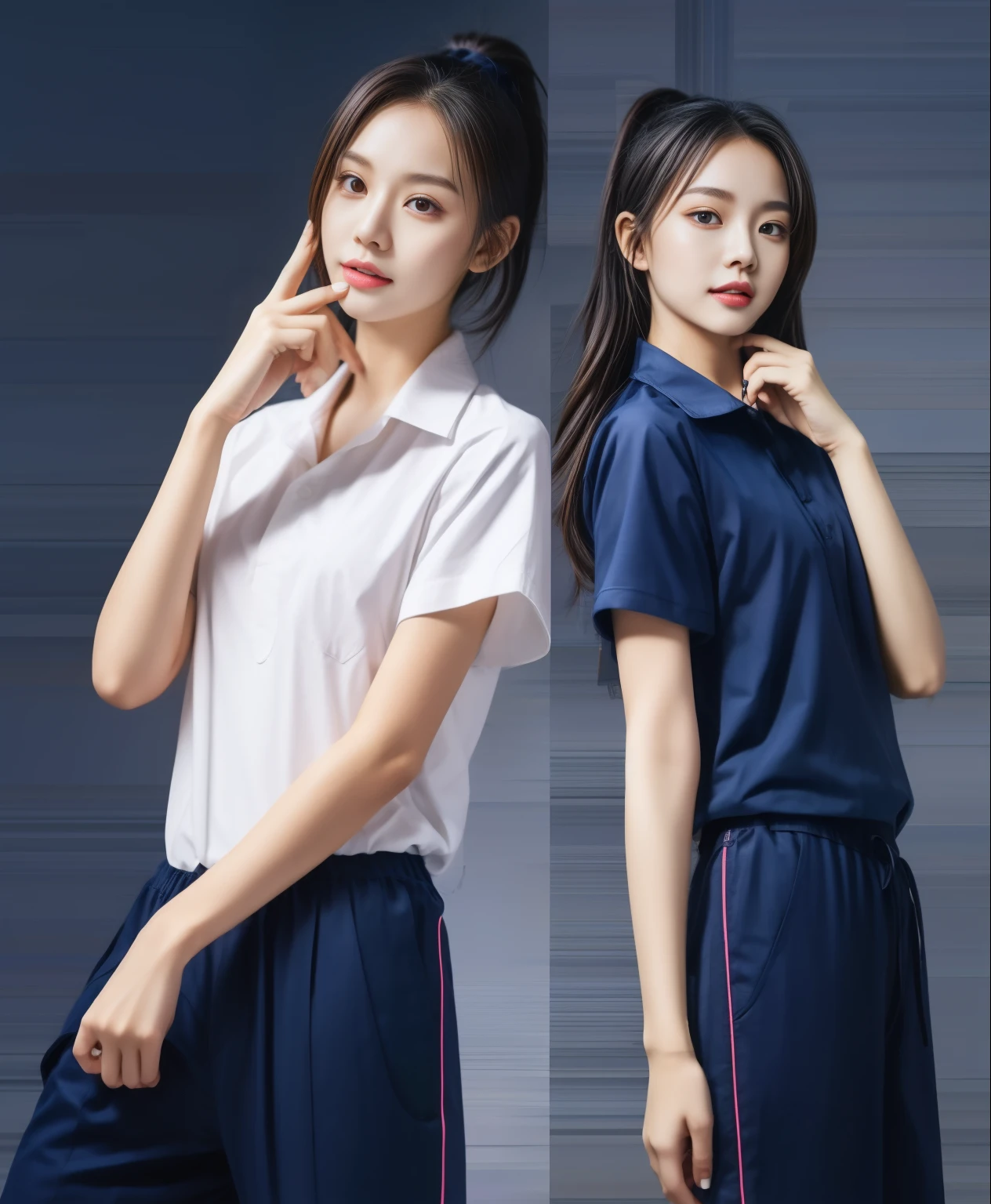 (best quality,10,10,height,Masterpiece:1.2),Special details,(realistic,ภาพrealistic,Realistic photos:1.37),1 Cute girl in the kitchen,shiny, ผิวshiny,only,smile softly,BDclothelue shirt:1.3)),short sleeve,shirt, กางเกงขาlong.,(navy_long_track pants:1.1), ((Kitchen Background)),Dynamic angle,excited,Face focus,dynamic poses,from behind,focus on ass,Masterpiece, best quality, ultra realistic, Too many details, 8k resolution, raw photos, Sharp focus, ((Navy blue shirt:1.1)), short sleeve, เส้นทางlong, perfect body, 2 mature women, 18 years old, Cinema-grade lighting system,blue sweatpants,shirtผ้าออกกำลังกาย,correct anatomy,perfect body, correct body, Sharp face, correct bodyทางกายวิภาค, full body, realistic gestures, long-haired, realistic poses,Wear long shorts...........................,ช่วงขาlong,Good shape,carved girl, Slender figure, model, Good shape, beautiful body,blue sweatpants, two girls kissing