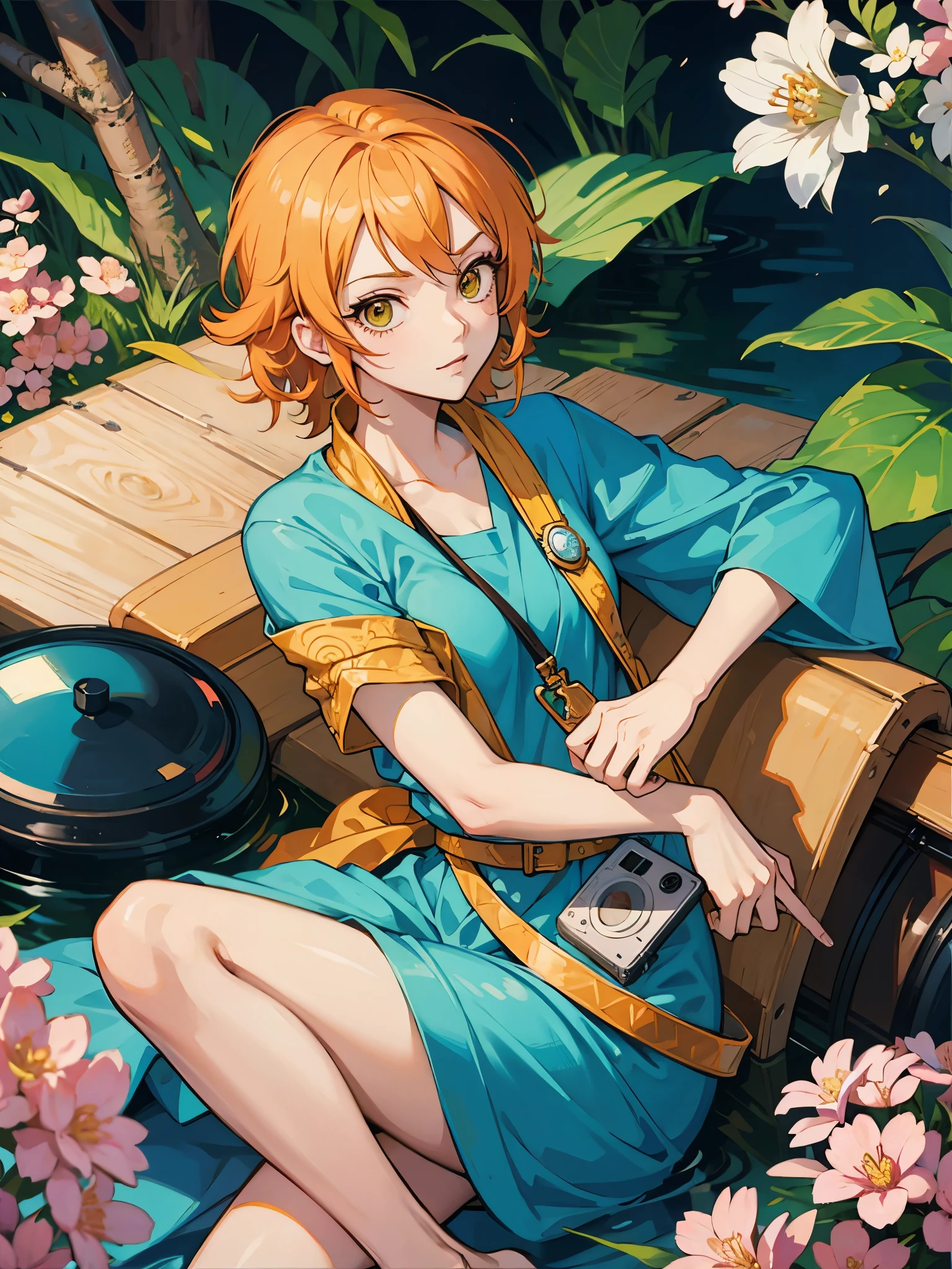 One Piece, Nami is holding an old compact digital camera, in spring, anime style