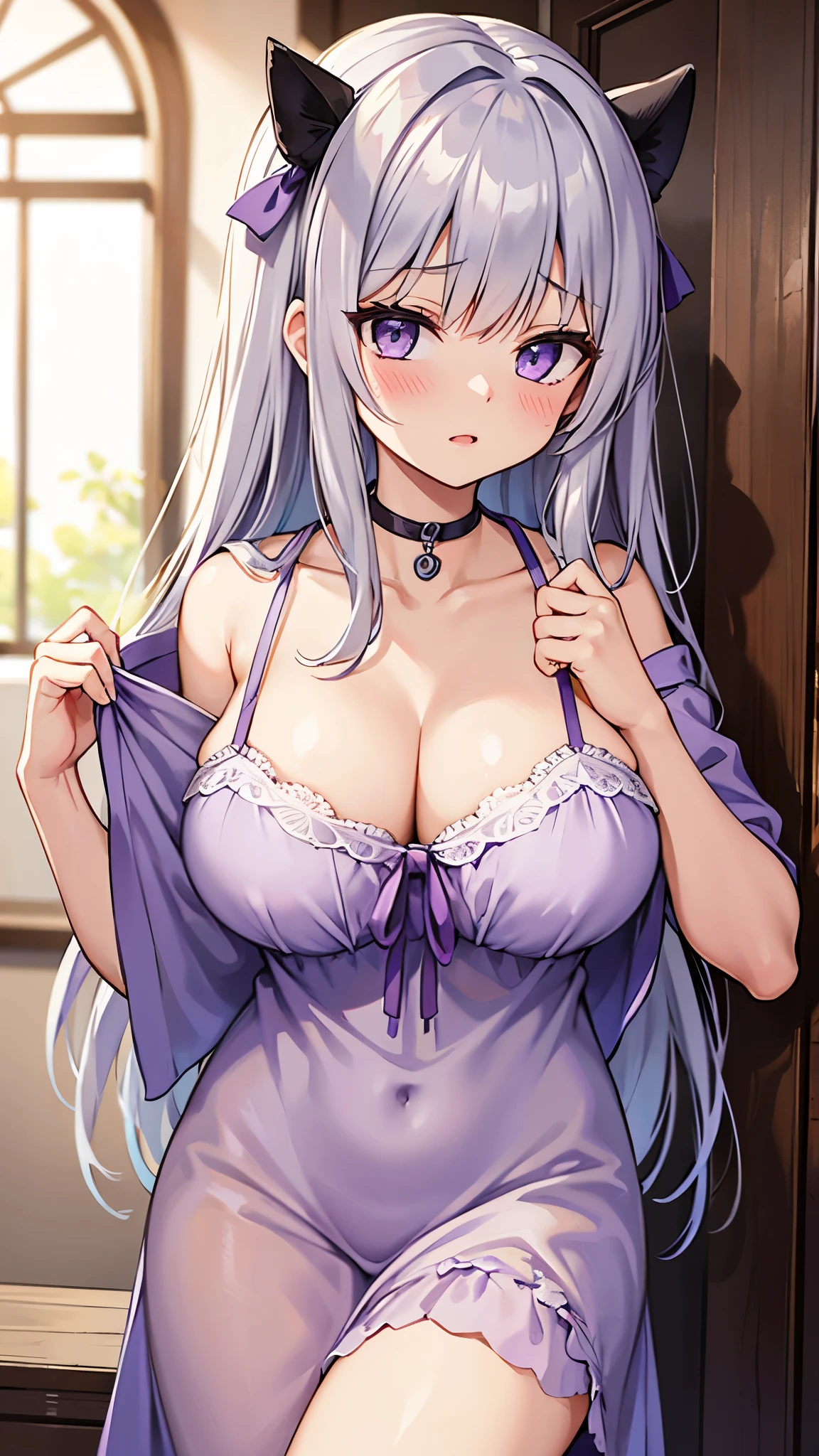 （master piece），（best quality），8K，high details,throw_doorway,1 girl,blush,looking for_in_viewer,cleavage,gray hair,purple nightgown，orgasm_face,,Huge 