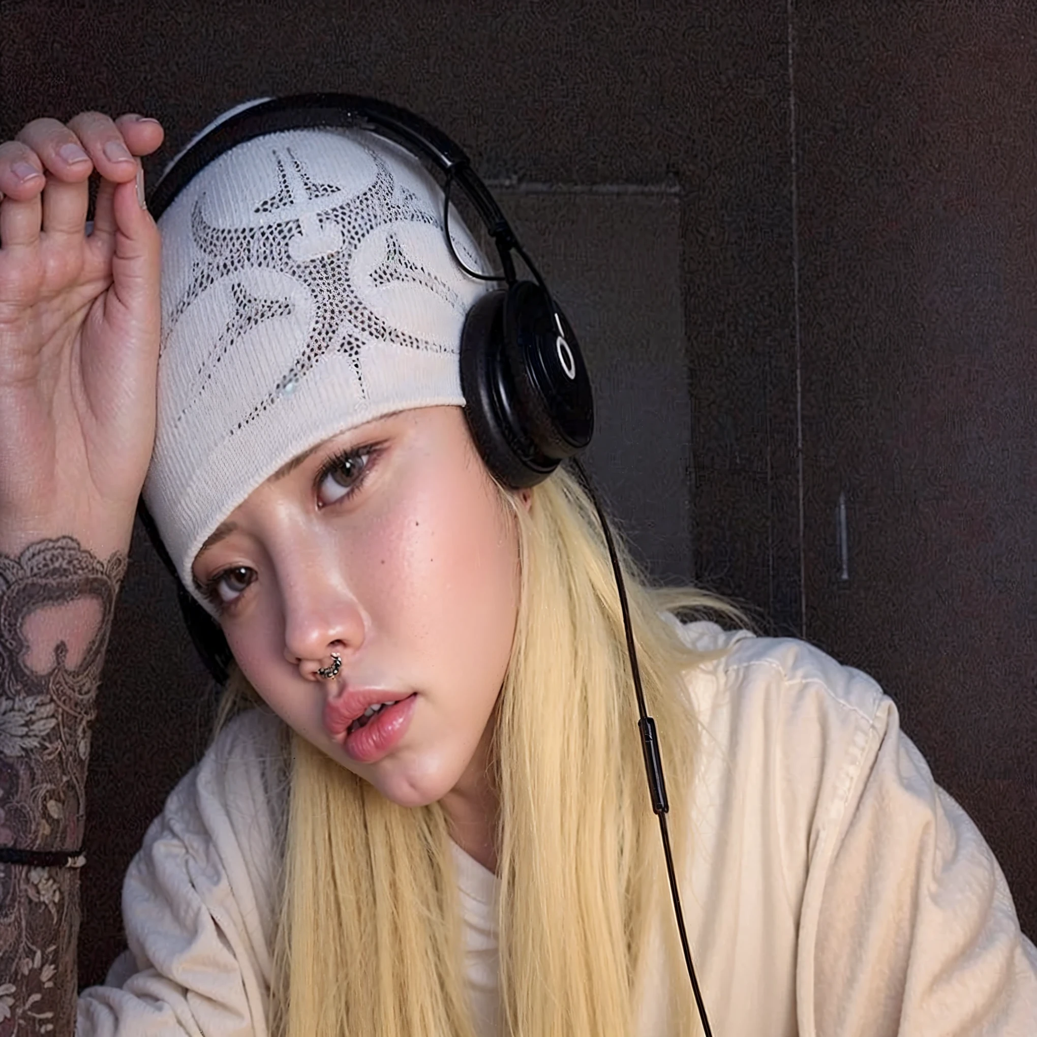 Blonde woman with headphones and a headscarf., jossi de blackpink, parque roseanne de blackpink, su cabello es blanco, foto de perfil, portrait of jossi de blackpink, con el pelo largo y blanco, she parece una mezcla de mugre, con pelo largo y blanco, cl, parece una mezcla de mugre, pelo albino, cruel korean gothic girl, albino pale white skin, BLACKPINK LISA BLACKPINK LISA BLACKPINK LISA BLACKPINK LISA FACE LISA