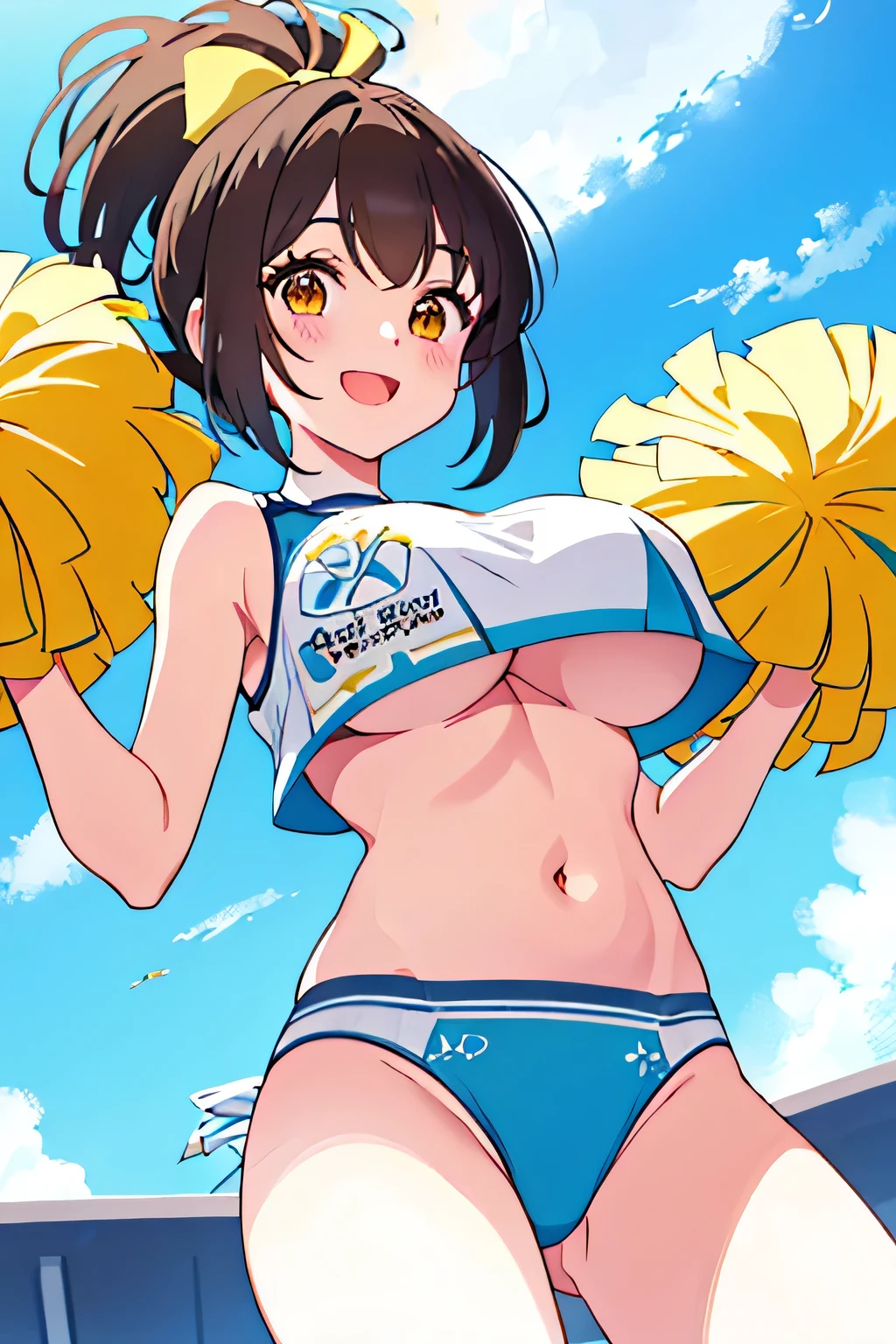 highest quality、High resolution、detailed background、cute 、brown hair、bob cut、ponytail、(huge breasts:1.2)、perfect body line、big ass、vast sky、jump and fly in the sky、(Cheerleader、I&#39;We&#39;re rooting for you、sexy cheer costume)、(pom pom:1.2)、White floral embroidered panties、White floral embroidered bra、emphasize the underboob、I can see the underboob、angle from below、
See here、open your mouth and smile、smile、healthy、healthyふともも、Healthy and beautiful、legs open、panty shot