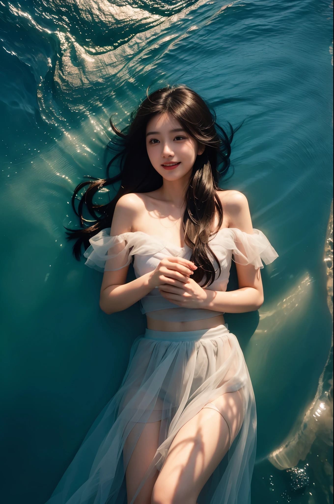 environmental optics，color，clear light and dark，close up，close range，sunny，The light path is visible，girl，long hair，Laugh heartily，light and shadow，Face Shadow，high contrast，Cool colors，Off the shoulders，Backless，petal，sea，tulle skirt，soft water，sea level，Reflective，romantic