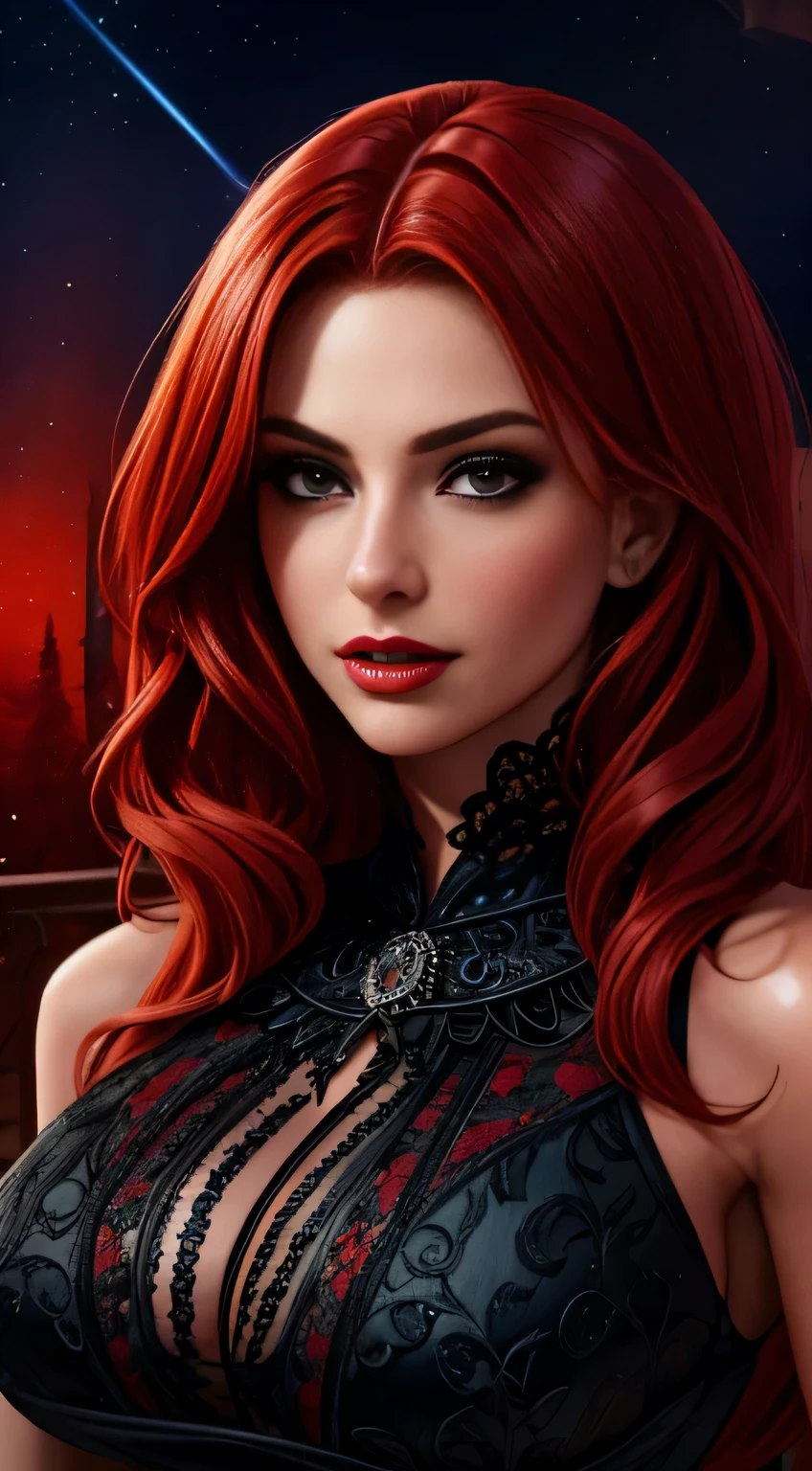 portrait shot, ((vivid red hair)), mature woman, 30 years old, diamond face, moonlight, red starry sky background, depth of field, magic, big red lips, ((dark black eyes)) black and red long and full dress, covered chest, mystical atmosphere, ominous shadows, Intense blue aura, Intense red aura (best quality:1.2), absurdres, intricate details, (highly detailed skin:1.2), smile expression, posing, taut and well defined body, attractive. Highly realistic, pale skin, beautiful, hyperrealism, skin very elaborated, direct gaze
