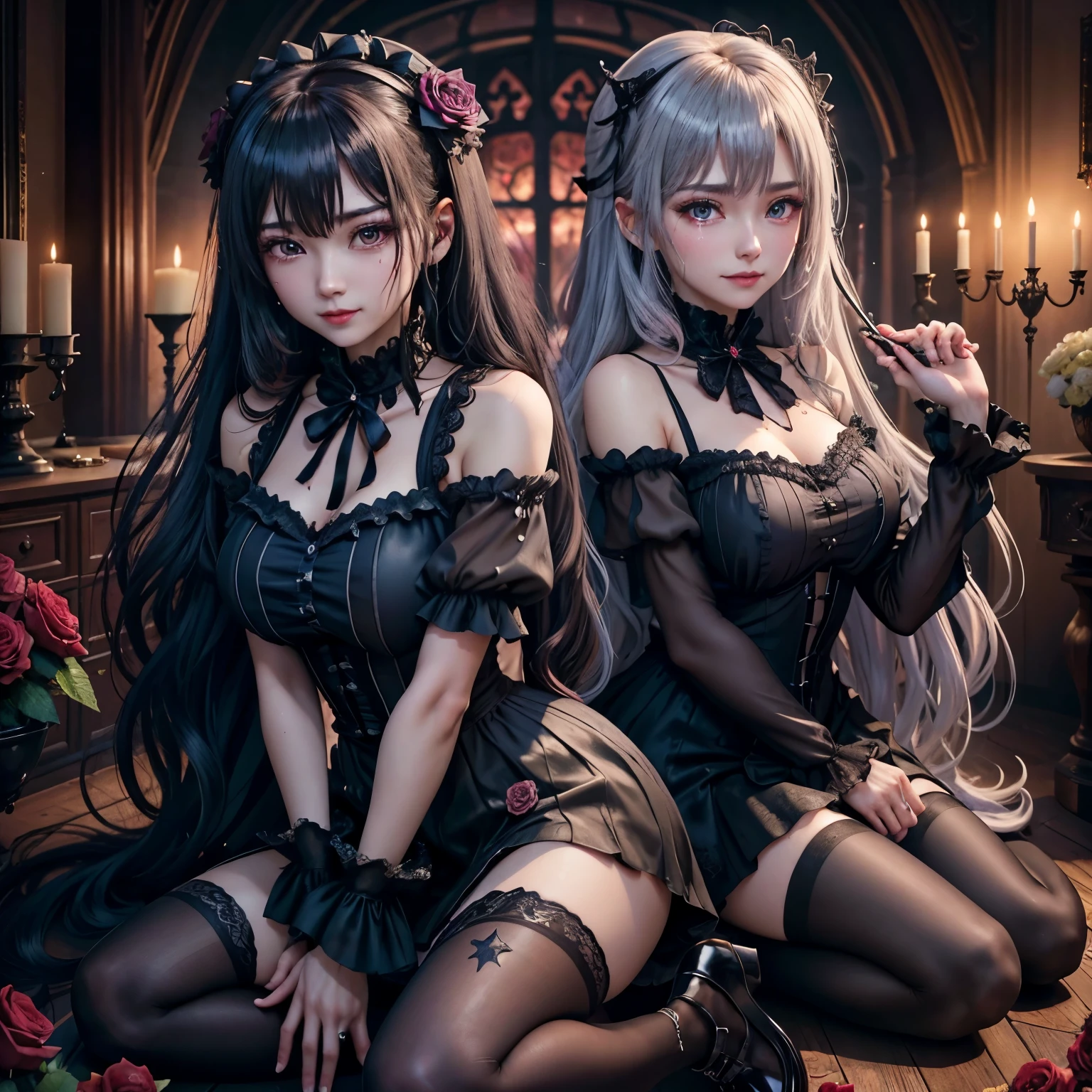 ハードdark gothicメイク、Insanity、deep night sky、horror、black dark eyeshadow、cry、grieve、good skin shine、dark gothicメイク、dark smile、Restless Palace、fragrant beauty、22 years old、lure、expression of intense sexual pleasure、A look of shame、dark gothic、lewd expression、muste piece、best quality、Refers to 5 books、Expression of sexual pleasure in suffering、drunk face、purple maid outfit、mysterious、Noble、A face that is holding back the toilet、Super sexy、loving smile、twin tail hair、jet black ruffle skirt、right blue eye, left eye is red、Gothic bed covered with roses、Super bewitching pose、stick out your butt、platform heel shoes、dark makeup、black lipstick、Stained glass、black metal world、open your legs sloppily、make the world beautiful、sit on a bed of roses、gothic ****ta clothes、comb your hair、A little slender、silver hair、long hair straight hair、cute gothic ****ta dress、beautiful face、face of elegance、bewitching face、knee high socks、Stained glassが背景、My chest is shiny from a lot of sweat、the room is dark、goth  long dress、bell sleeve、wizard sleeve、decadent look、sexually excited look、part hair、Ritual、gothic ritual、Glossy thighs wet with water、Thighs wet and shiny with oil、Background of a room filled with roses、sad expression、Rozen Maiden、embroidery is pink、Clothes are embroidered pink、thigh high socks、kneel down、put your knees on the floor、knee high socks、It shines due to the considerable amount of sweat on my thighs.、kneel down、body is wet and shiny、Lots of glitter on the thighs、i am sweating a lot、A lot of sweat and stickiness on the thighs、Sweat glistening on your thighy whole body is shiny with sweat、pretty sweaty、My thighs are sweaty、my thighs are so wet、My thighs are shiny from a lot of sweat、A lot of sweat shines all over the body、kneel up、Right arm to crotch、、open your legs wide、slender body、Gentle expression、is masturbating、deep black eyeshadow、lewd act、Stained glassと薔薇背景、エレキplay the guitar、play the guitar、wearing black underwear、have a guitar、black panties、