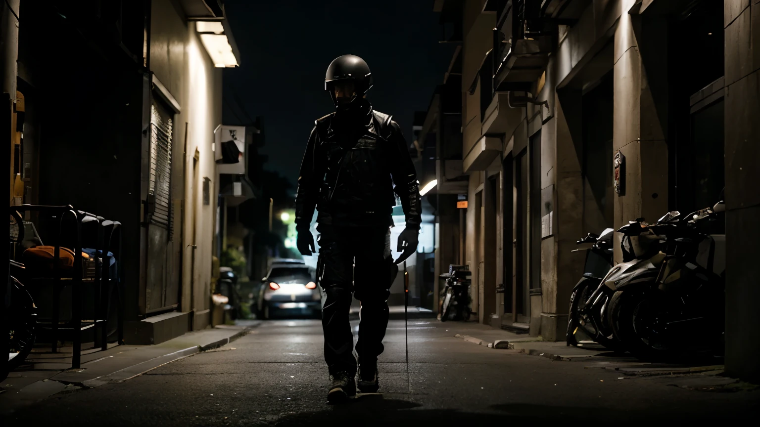 Straight mid static shot of A guy wearing helmet and rider gears walking towards the camera in a cinematic spacious parking area atmosphere dark mood