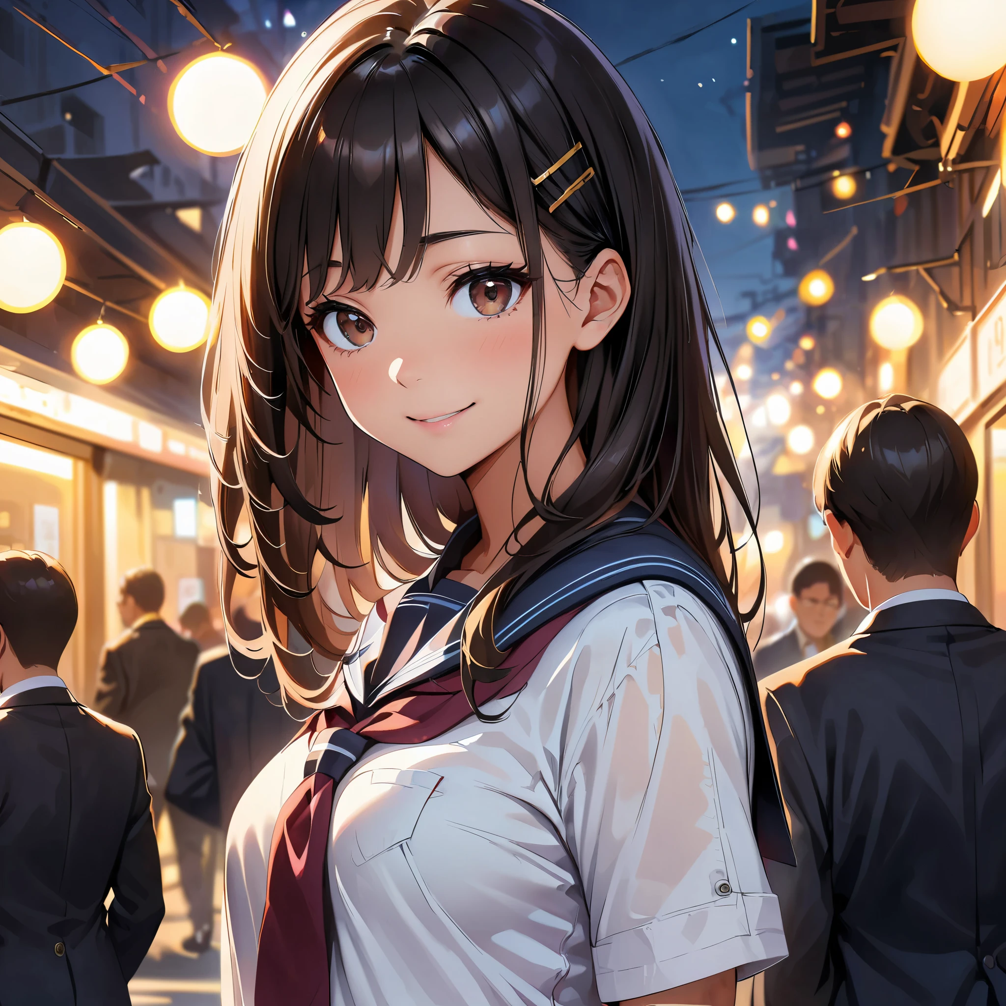 black hair、side drill、hairpin、Tareme、long eyelashes、shy、smile、realism、ハイパーrealism、anime style、cinematic lighting、reflected light、film grain、cowboy shot、Lens flare、Bokeh、highest quality、High resolution、4K、8K、high detail、anatomically correct、(JK、school uniform)。