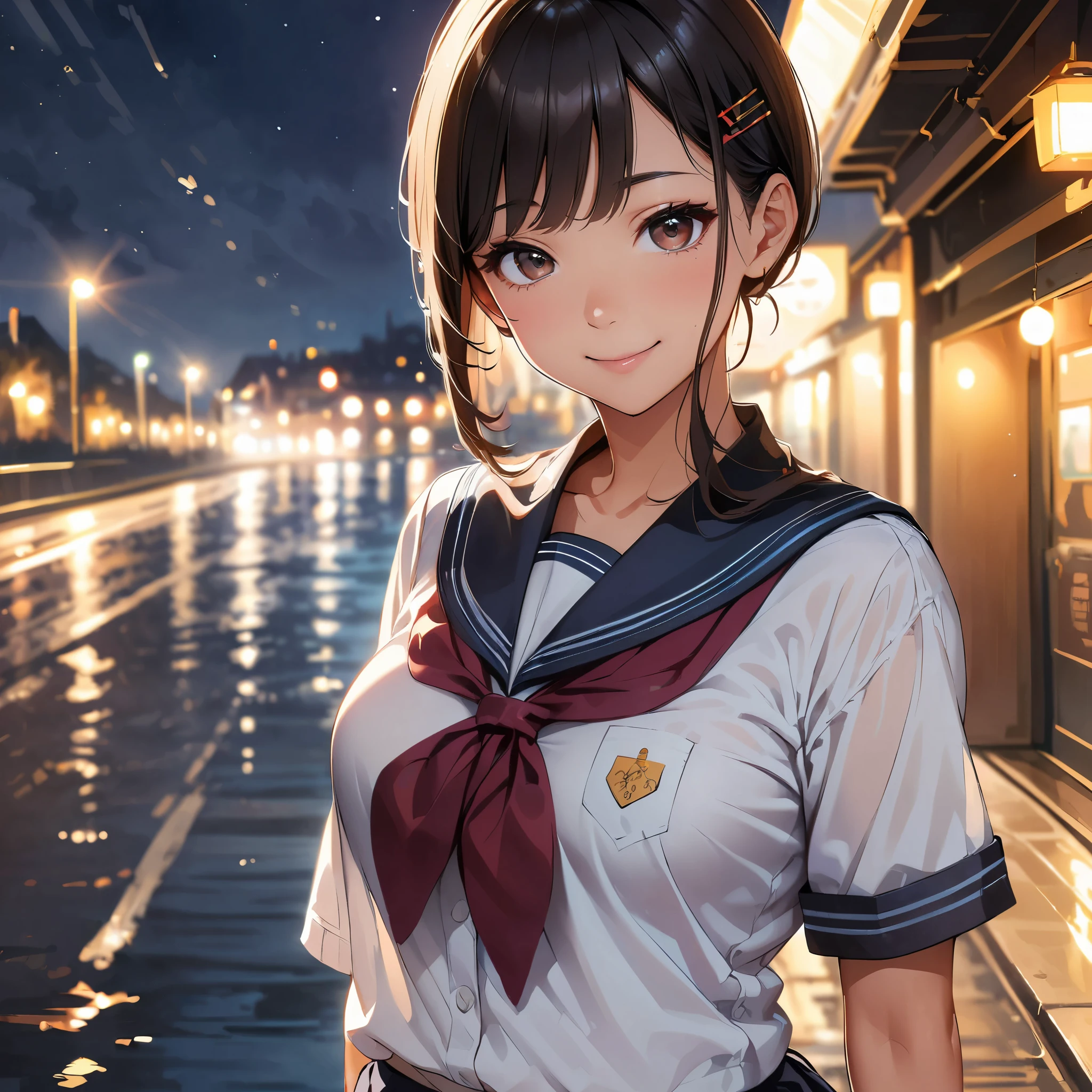 black hair、side drill、hairpin、Tareme、long eyelashes、shy、smile、realism、ハイパーrealism、anime style、cinematic lighting、reflected light、film grain、cowboy shot、Lens flare、Bokeh、highest quality、High resolution、4K、8K、high detail、anatomically correct、(JK、school uniform)。