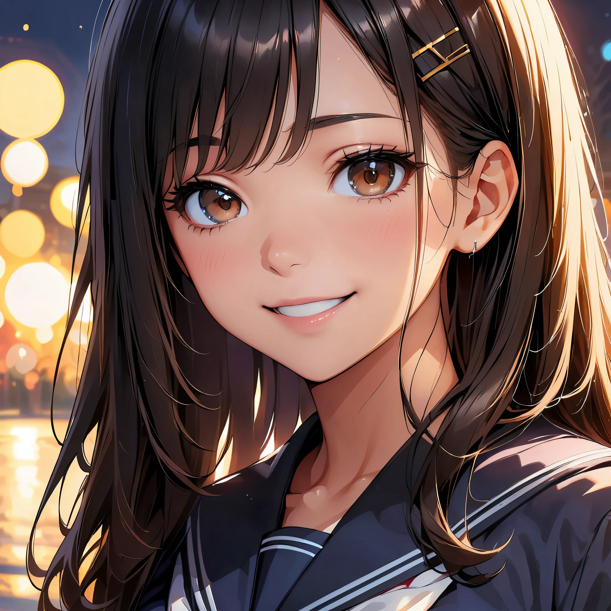 black hair、side drill、hairpin、Tareme、long eyelashes、shy、smile、realism、ハイパーrealism、anime style、cinematic lighting、reflected light、film grain、cowboy shot、Lens flare、Bokeh、highest quality、High resolution、4K、8K、high detail、anatomically correct、(JK、school uniform)。