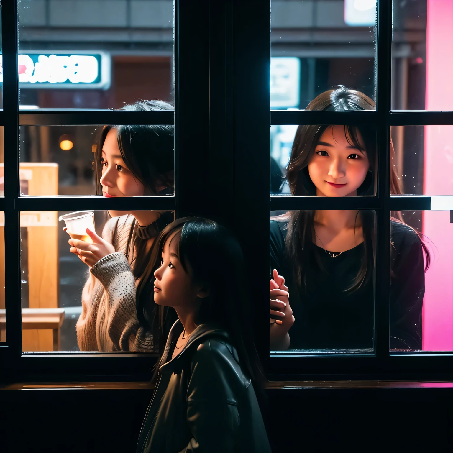 2 girls, Girls chatting by the window in the cafe, The woman looked into the distance, night, Tokyo, neon lights, (small smile:1.2), Photographer walking down the street looking beautiful,I took a picture of her outside the window, Snapshot, street photography, (Face can be seen through the glass:1.3), dark, low light, low profile, wide angle