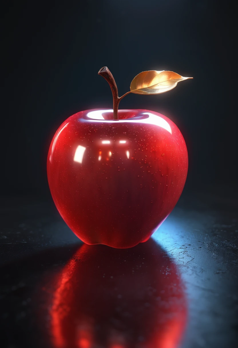 (masterpiece), fantasy fruits, glowing luminous red apple, translucent, ((rtx, ray tracing)), tyndall, ((glow))