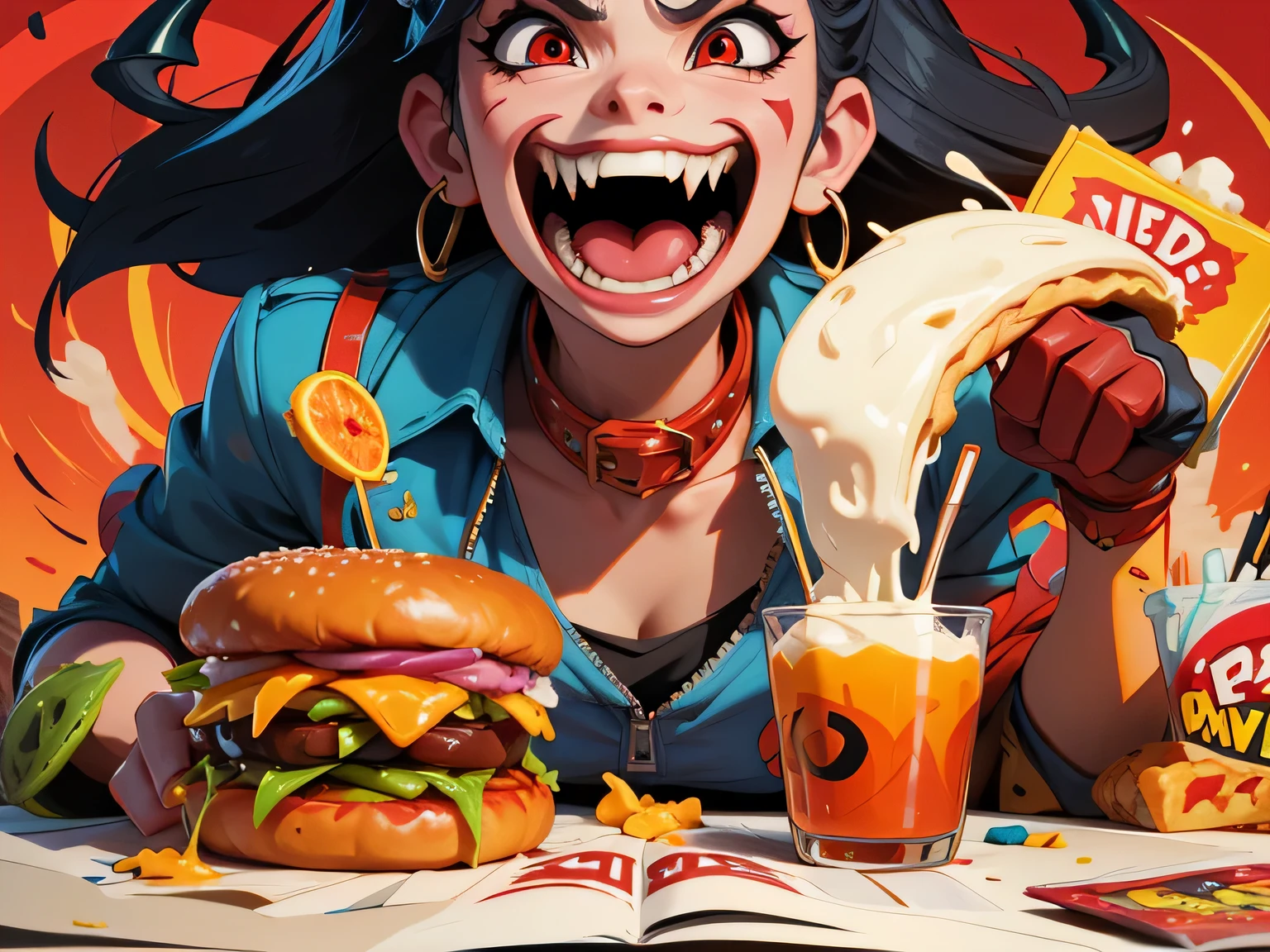 poster design,humor,glutton,I'm hungry,devil,sharp fangs,junk food,特大サイズのjunk food