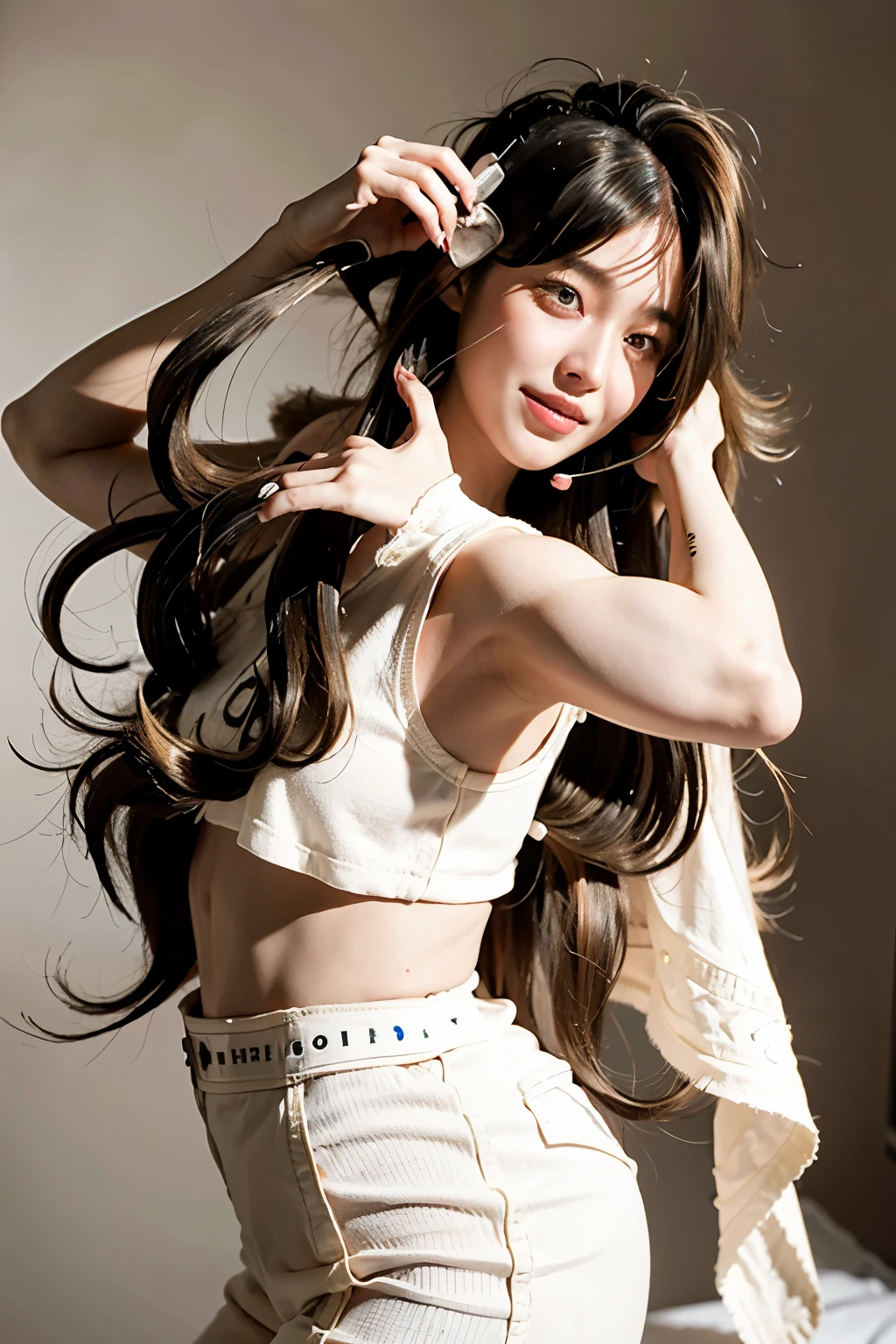 masterpiece, best quality, 1girl,long_hair,light smile, blunt bangs,looking at viewer,selfies,cowboy shot,(shot_hair:2),
(realistic:1.5), cinemagraph,