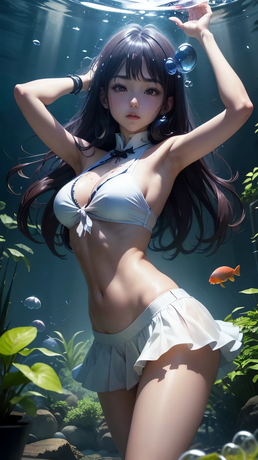 Henri Meunier, Yuu Watase, Surreal, mysterious, bizarre, fantastical, fantasy, Sci-fi, Japanese anime, beautiful miniskirt high school girl in a blown glass, perfect voluminous body, diving into liquid glass, terrarium, aquarium, Saturn, detailed masterpiece wet Hyper realistic sharp focus