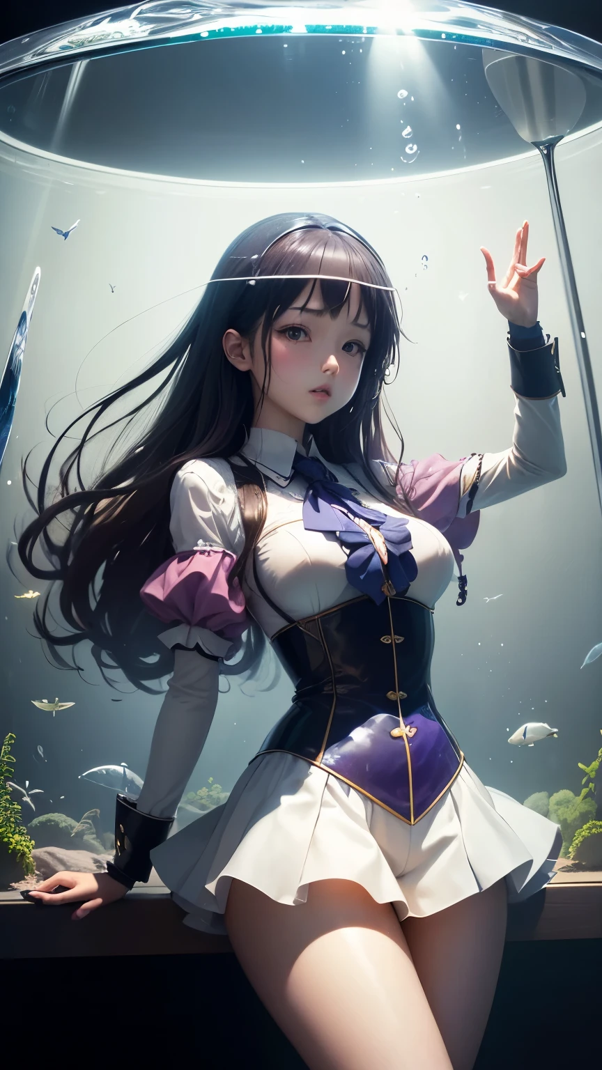Henri Meunier, Yuu Watase, Surreal, mysterious, bizarre, fantastical, fantasy, Sci-fi, Japanese anime, beautiful miniskirt high school girl in a blown glass, perfect voluminous body, diving into liquid glass, terrarium, aquarium, Saturn, detailed masterpiece wet Hyper realistic sharp focus