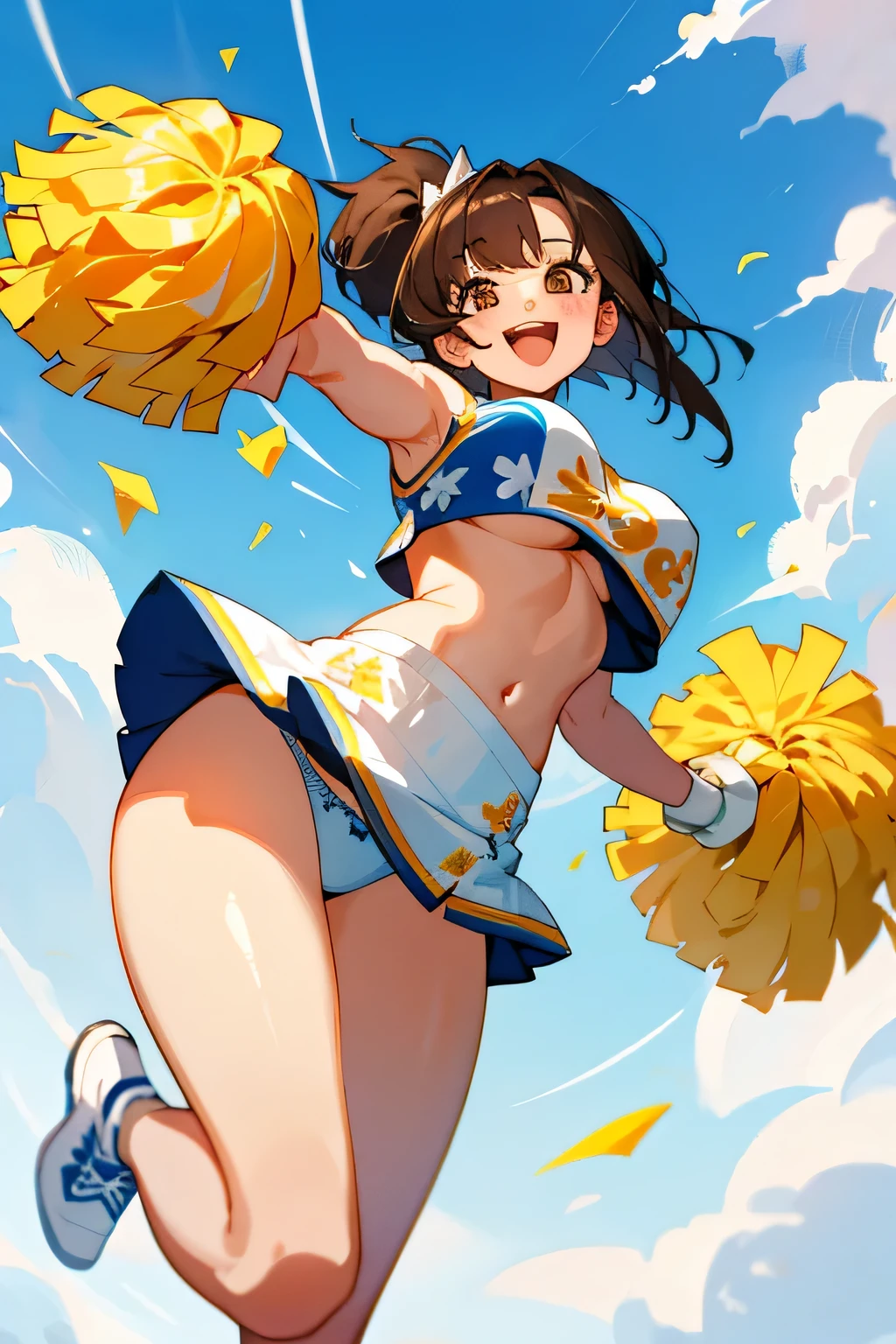 highest quality、High resolution、detailed background、cute teen girl、brown hair、bob cut、ponytail、(huge breasts:1.2)、perfect body line、big ass、vast sky、jump and fly in the sky、(Cheerleader、I&#39;We&#39;re rooting for you、sexy cheer costume)、(pom pom:1.2)、White floral embroidered panties、White floral embroidered bra、emphasize the underboob、I can see the underboob、angle from below、
See here、open your mouth and smile、smile、healthy、healthyふともも、Healthy and beautiful、legs open、panty shot