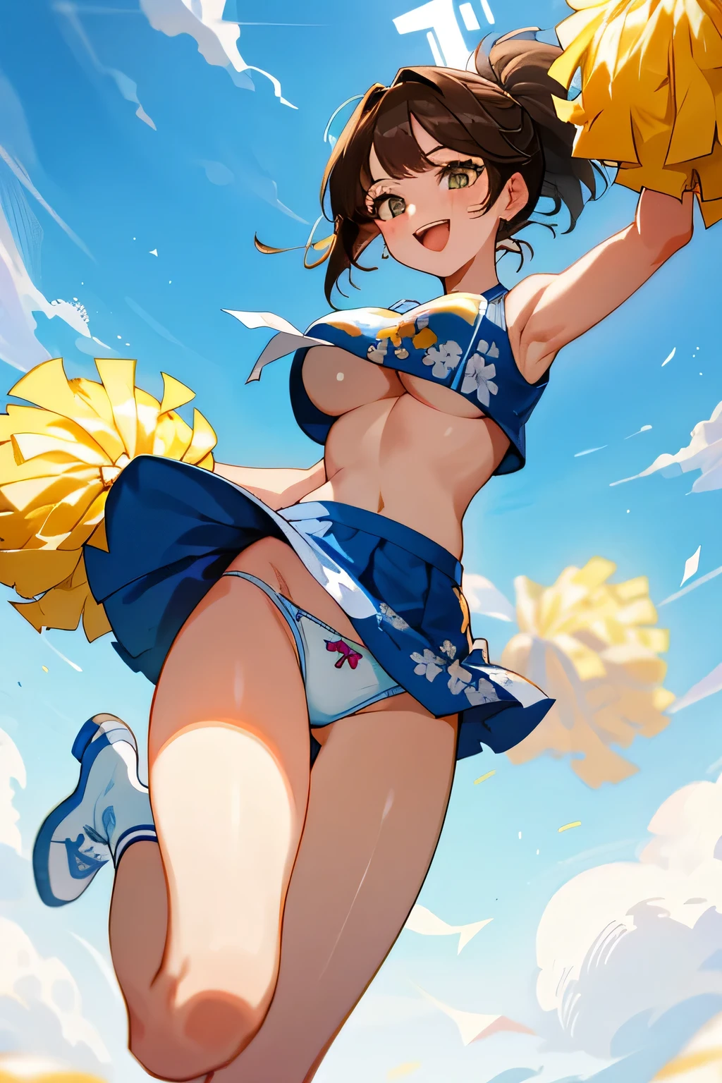 highest quality、High resolution、detailed background、cute  girl、brown hair、bob cut、ponytail、(huge breasts:1.2)、perfect body line、big ass、vast sky、jump and fly in the sky、(Cheerleader、I&#39;We&#39;re rooting for you、sexy cheer costume)、(pom pom:1.2)、White floral embroidered panties、White floral embroidered bra、emphasize the underboob、I can see the underboob、angle from below、
See here、open your mouth and smile、smile、healthy、healthyふともも、Healthy and beautiful、legs open、panty shot