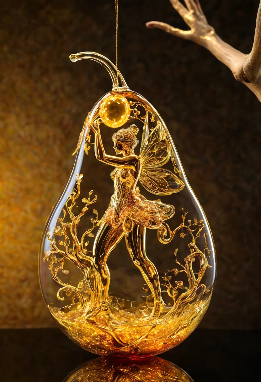photograph, luminous, photorealistic, ultra-realistic, ((inside of apple:1.2)), intricately detailed, wide angle, fine fractal glossy vivid colored shiny contours outlines of a glass pear with a ("a glowing golden flying female fairy uses her wand to transform a tree to solid gold.") inside, surreal, gradient, windy, petals floating on the wind, swirling ribbons of ink and light. linquivera, liiv1, ral-czmcrnbw