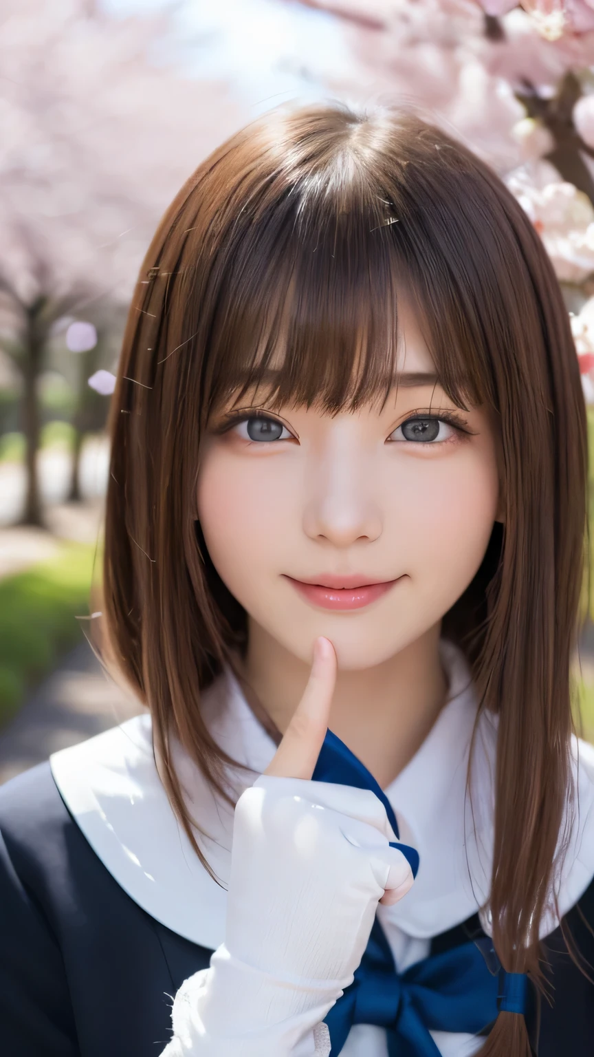 one girl, (a beauty girl, delicate girl:1.3), (14 years old:1.3),
break, (spring, cute uniform:1.3),
break, (Street view:1.3), (cherry blossoms fall:1.3), (wool gloves), perfectly trimmed fingers,
break, very fine resolution, (symmetrical eyes:1.3),
break, small breasts, brown eyes, parted bangs, brown hair,  girl,
break, (Eye and face details:1.0), (get closer to the face, enlarge the face, face focus:1.0),close up of face,
break, (masterpiece, highest quality, Super detailed, detailed face, 8K),SakuraFubuki,cherry blossom petals,smile,random pose、blue eyes、white gloves,ponytail