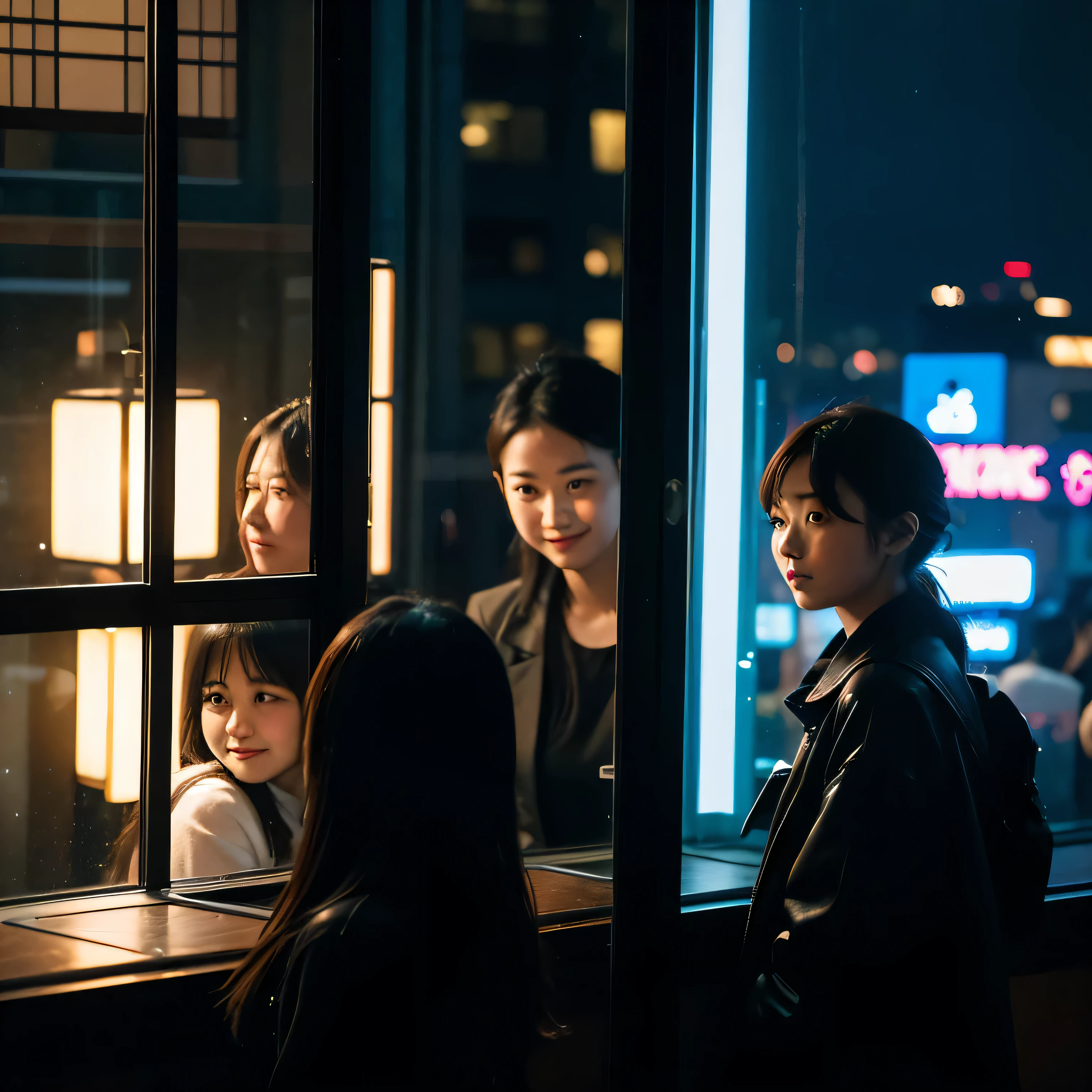 2 girls, Girls chatting by the cafe window, The woman looked into the distance, night, Tokyo, neon lights, (small smile:1.2), Photographer walking down the street looking beautiful，I took a picture of her outside the window, Snapshot, street photography, (Face can be seen through the glass:1.3), dark, low light, low profile, wide angle
