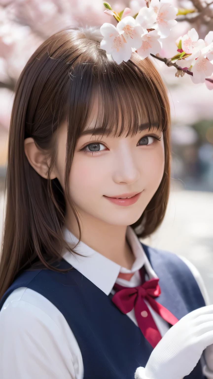one girl, (a beauty girl, delicate girl:1.3), (14 years old:1.3),
break, (spring, cute uniform:1.3),
break, (Street view:1.3), (cherry blossoms fall:1.3), (wool gloves), perfectly trimmed fingers,
break, very fine resolution, (symmetrical eyes:1.3),
break, small breasts, brown eyes, parted bangs, brown hair,  girl,
break, (Eye and face details:1.0), (get closer to the face, enlarge the face, face focus:1.0),close up of face,
break, (masterpiece, highest quality, Super detailed, detailed face, 8K),SakuraFubuki,cherry blossom petals,smile,random pose、blue eyes、white gloves,ponytail