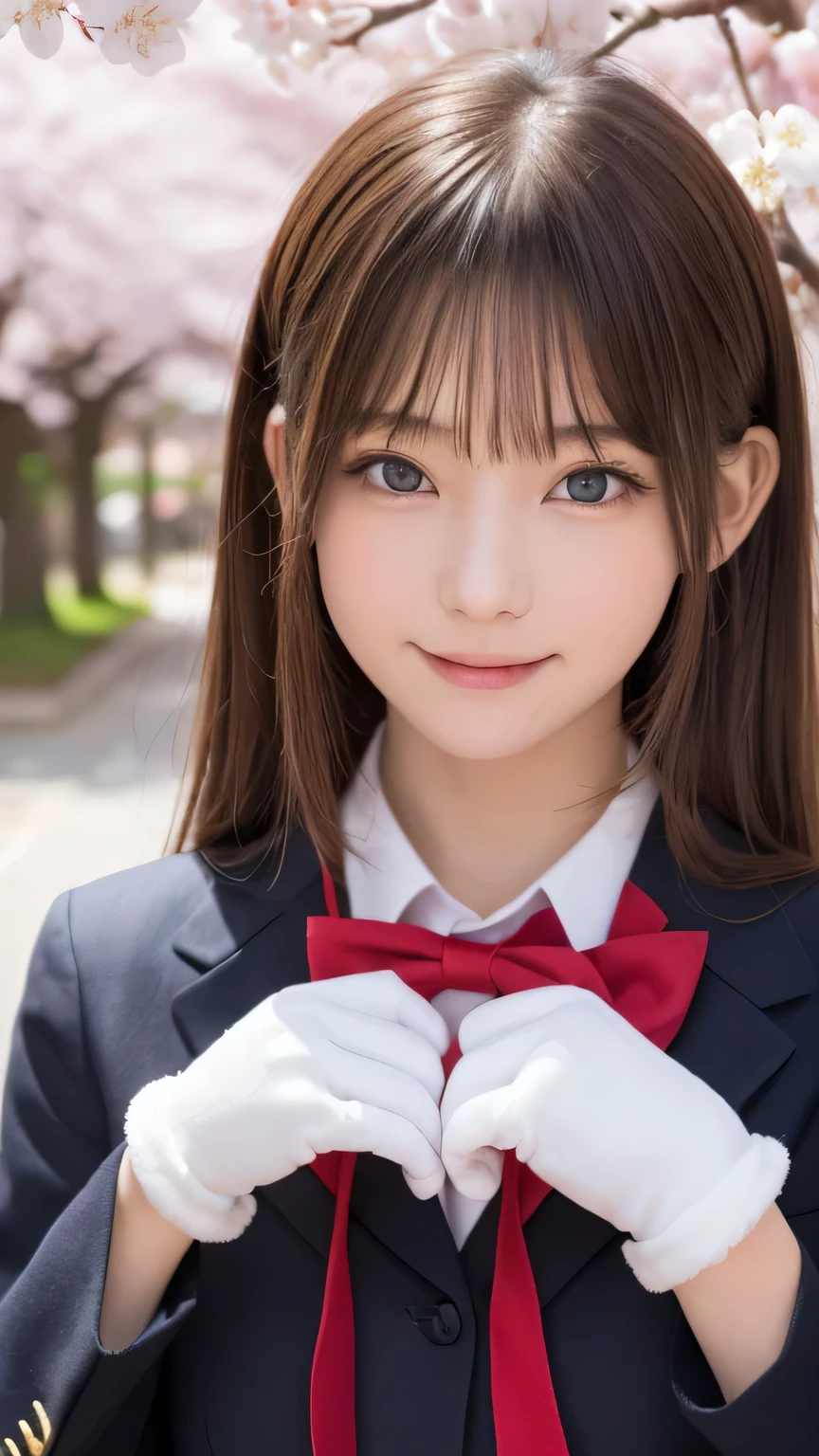 one girl, (a beauty girl, delicate girl:1.3), (:1.3),
break, (spring, cute uniform:1.3),
break, (Street view:1.3), (cherry blossoms fall:1.3), (wool gloves), perfectly trimmed fingers,
break, very fine resolution, (symmetrical eyes:1.3),
break, small breasts, brown eyes, parted bangs, brown hair, girl,
break, (Eye and face details:1.0), (get closer to the face, enlarge the face, face focus:1.0),close up of face,
break, (masterpiece, highest quality, Super detailed, detailed face, 8K),SakuraFubuki,cherry blossom petals,smile,random pose、blue eyes、white gloves,ponytail