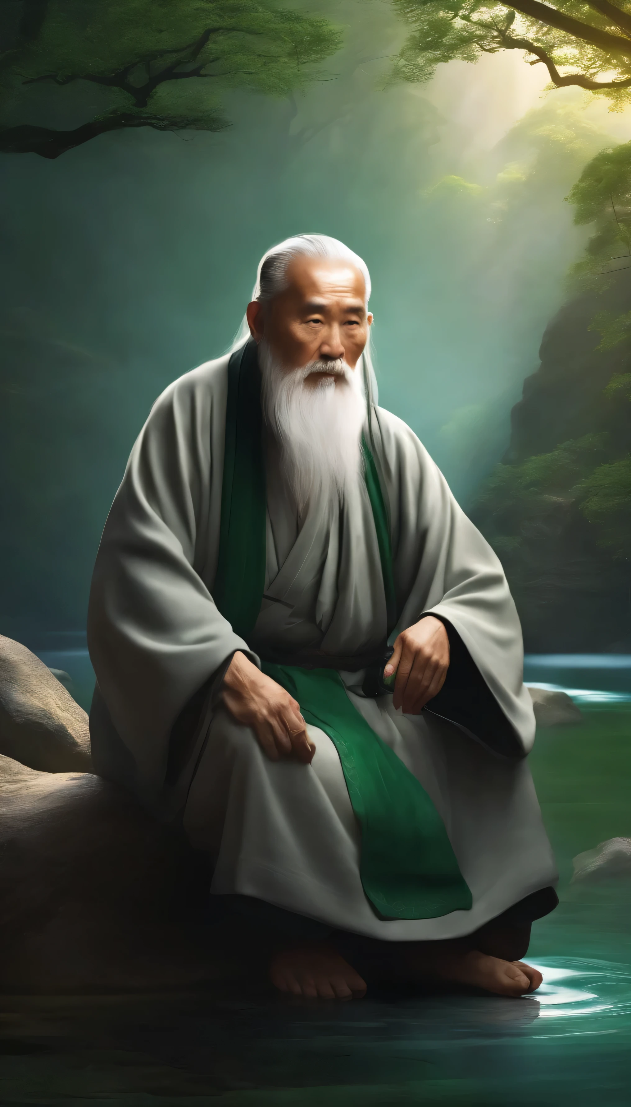 Old man of ancient China,Full of wisdom,gray hair and beard,Deep vision,Full body photo of the front,Sit cross-kneeled on a huge rock,Behind is green water,Bright light,Ultra-clear,8K,Gray robe,close-up imagery
