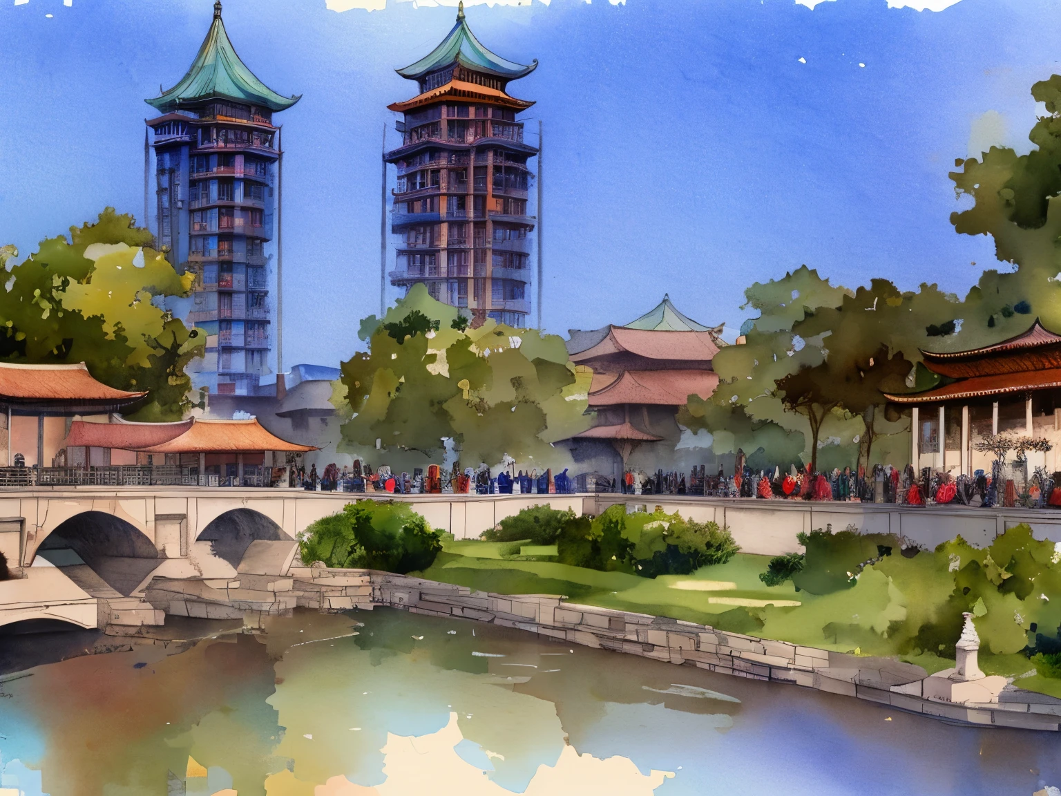 A watercolor painting of the bell and drum towers of Xi'an.