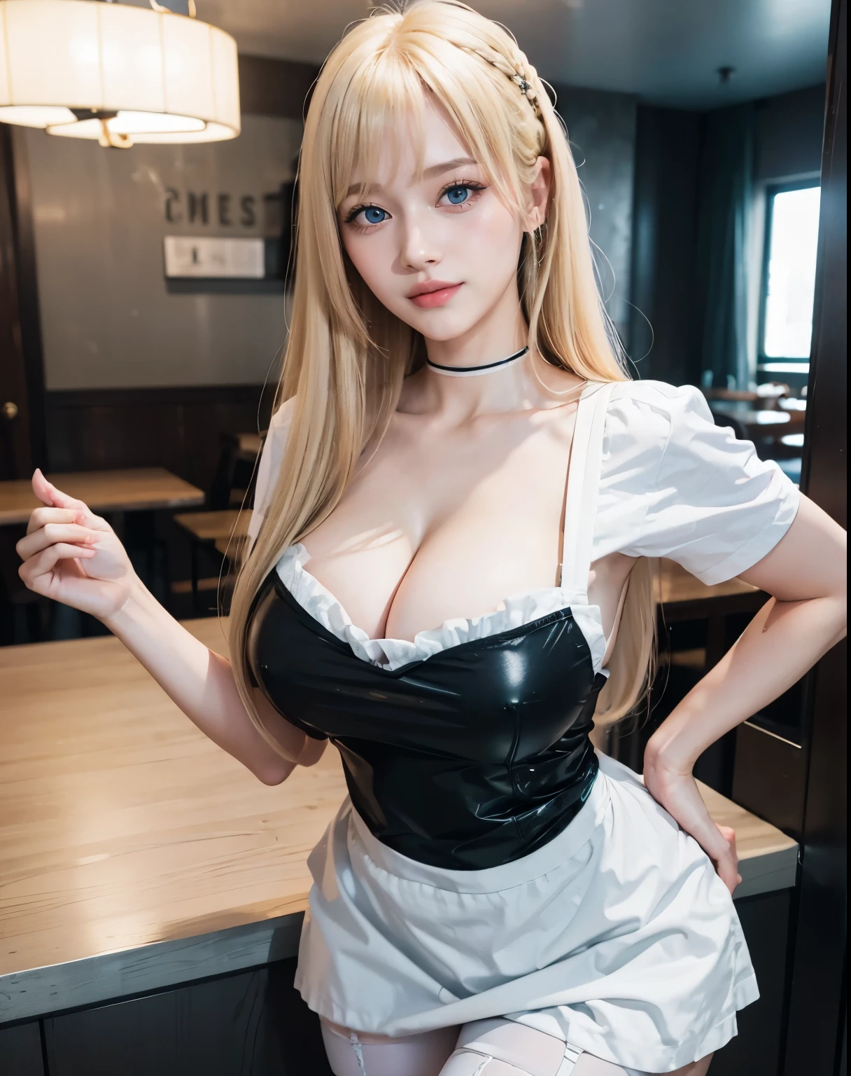 1girl, (Blue Eyes), (smiling), (Sana Minatozaki), (beautiful makeup :1.2), wide hips, , big ass, (BeQuality, 8k, Masterpiece: 1.3), Clear Focus: 1.2, Perfect Body Beauty: 1.4, strong abs, Highly detailed face and skin texture, detailed eyes, double eyelids, (blond long hair whit bangs :1.3), white thigh highs, black maid outfit, cleavage, won, standing, cute pose, in a cafe in Japan, maid cafe