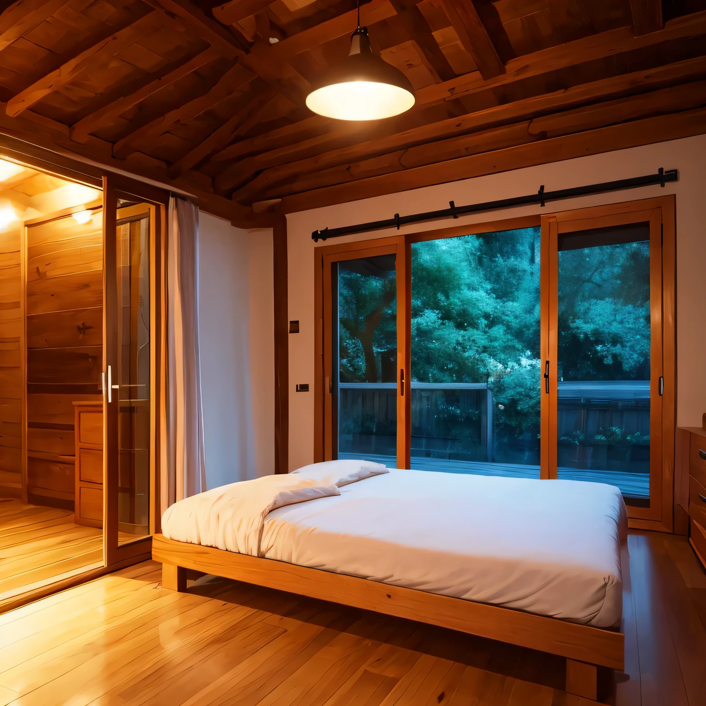 habitacion de madera, cama rustica, ventana de madera, Noche,