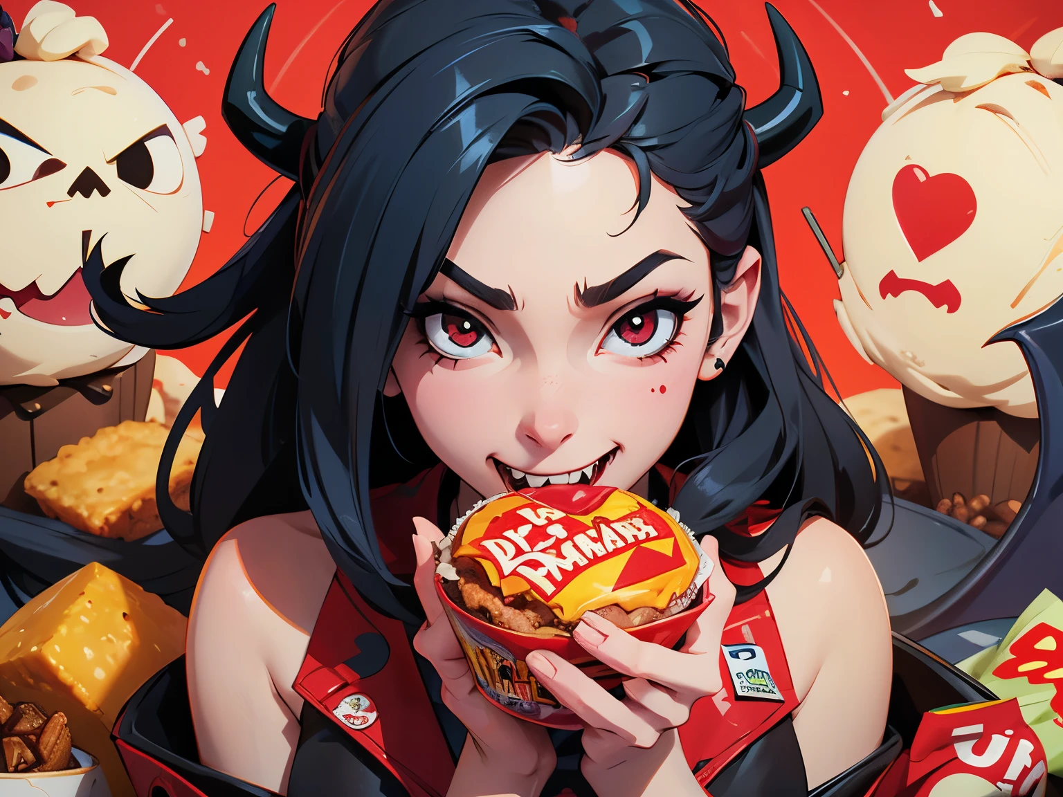 Poster Design,humor,glutton,I'm hungry,devil,sharp fangs,junk food,bad manners,avarice,girl