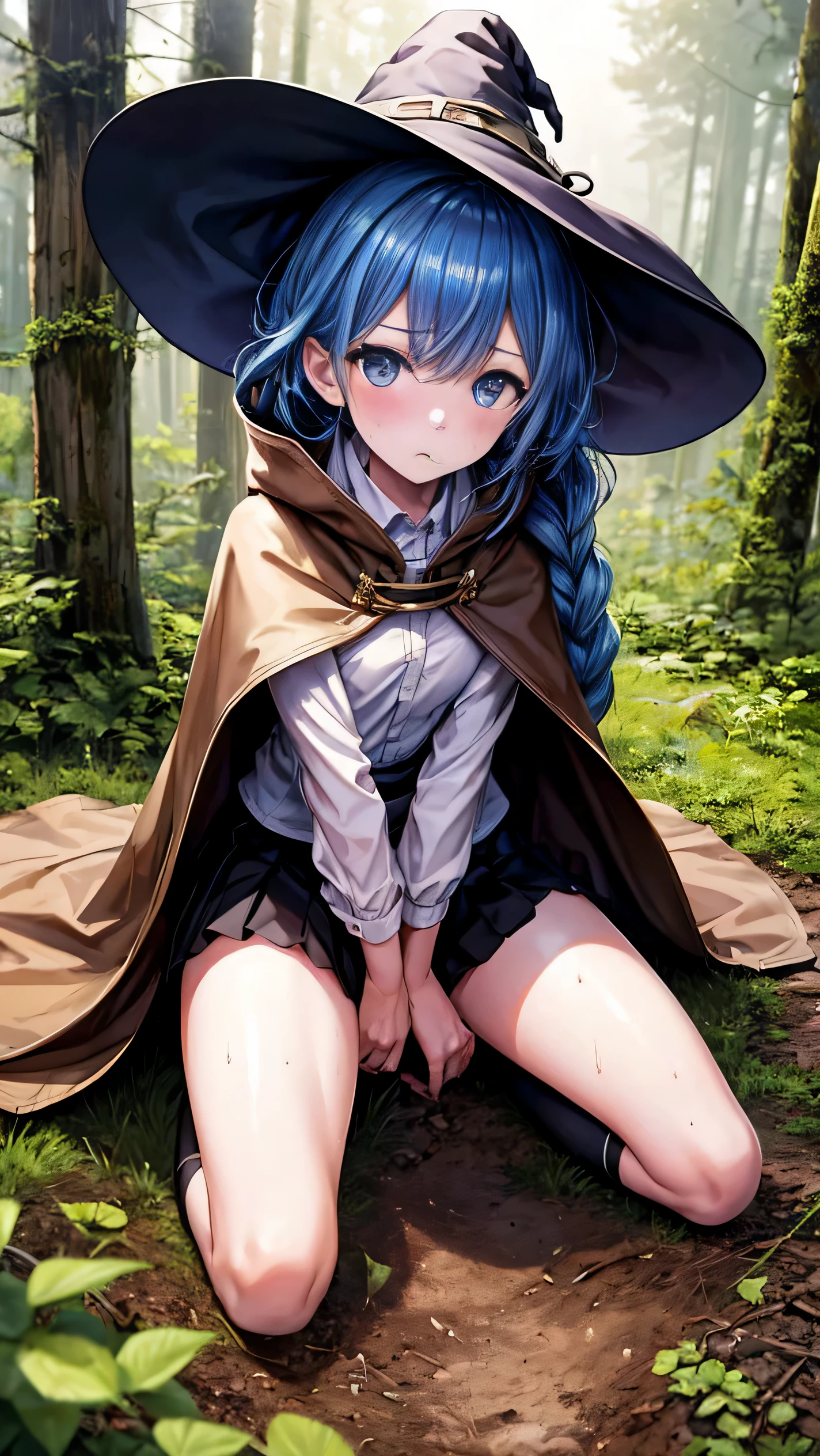 highest quality,1 girl,************,((full body:1.1)),((dark:1.3)),sweaty,roxy migurdia, blue eyes, blue hair, bangs, brown cloak, witch hat, Braid,mini skirt,lift skirt,white panties,lace panties,white socks,spread your legs,forest,forest林