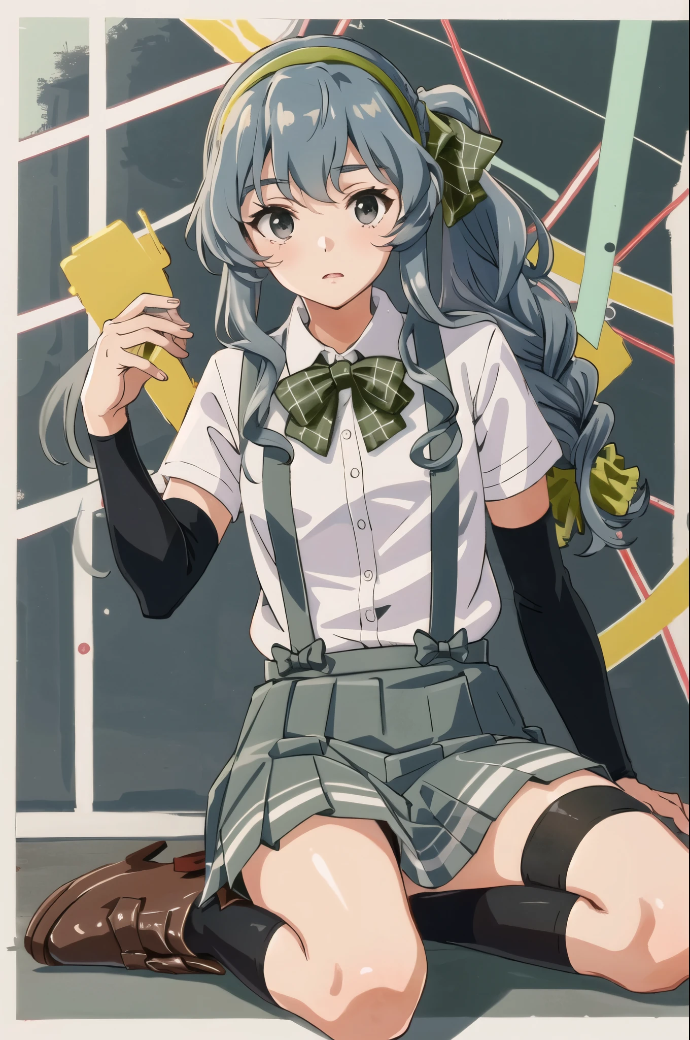 YamagumoKC, (white) shirt, (suspenders) skirt, (green) hair band, (pleats) skirt, (gray) skirt, (black) shoes下, shoes, (single) Braid, Scrunchie, side lock, (green) bow tie, (plaid) bow tie, arm warmers,
highest quality, masterpiece, High resolution,(panties),(bra)