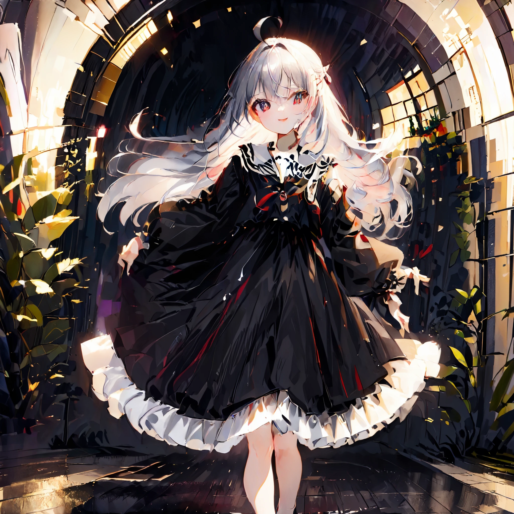 Create an 8K (((image of a Japanese anime-style beautiful girl ))) gothic black dress with accents of deep crimson. She has silver, flowing hair with gentle waves, translucent skin, (((arabino))),a soft expression, and a subtle smile, looking away from the camera. Her left hand lightly holds the hem of her dress as if dancing, adorned with red nail polish matching her attire's accents. Her right hand is slightly extended, positioned above the waist. The composition focuses on her from the waist up, set against a backdrop of a deep crimson rose greenhouse bathed in natural radiant light for an exquisite finish,(((Round blue Eyes))),(((Twinkling Eyes)))