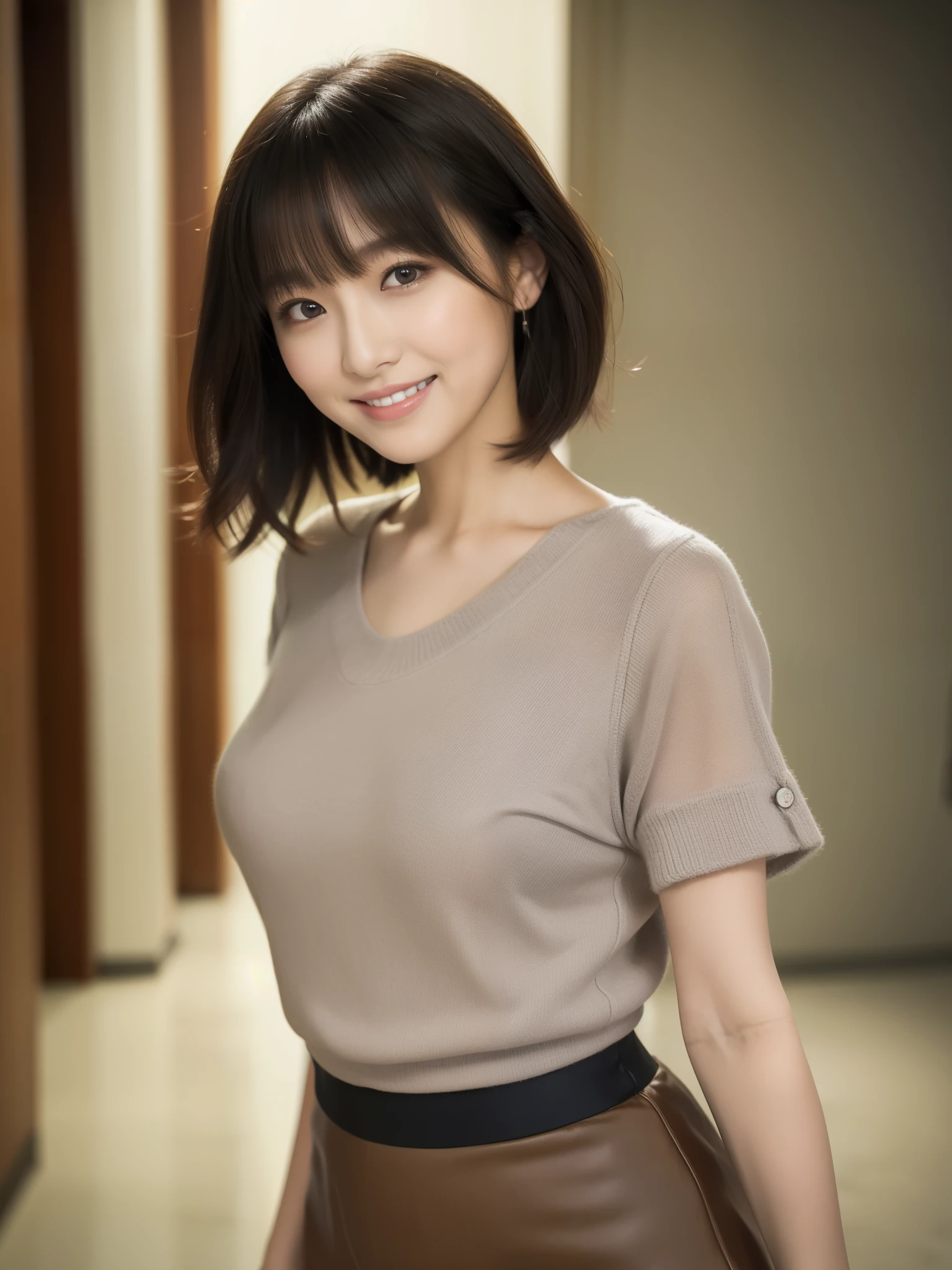 ((masterpiece))、((highest quality))、photograph、reality、High level image quality、Advanced depth of field、Super detailed、realistic lighting、married woman、30 generations、delicate features、short bob、messy hair、Realistic background and accessories、big and full breasts、sexy smile、captivating gaze、sexy lips、I'walking down a long hallway、Grey knitted short sleeve shirt、wide shot、pantyhose、Tight Skirt、