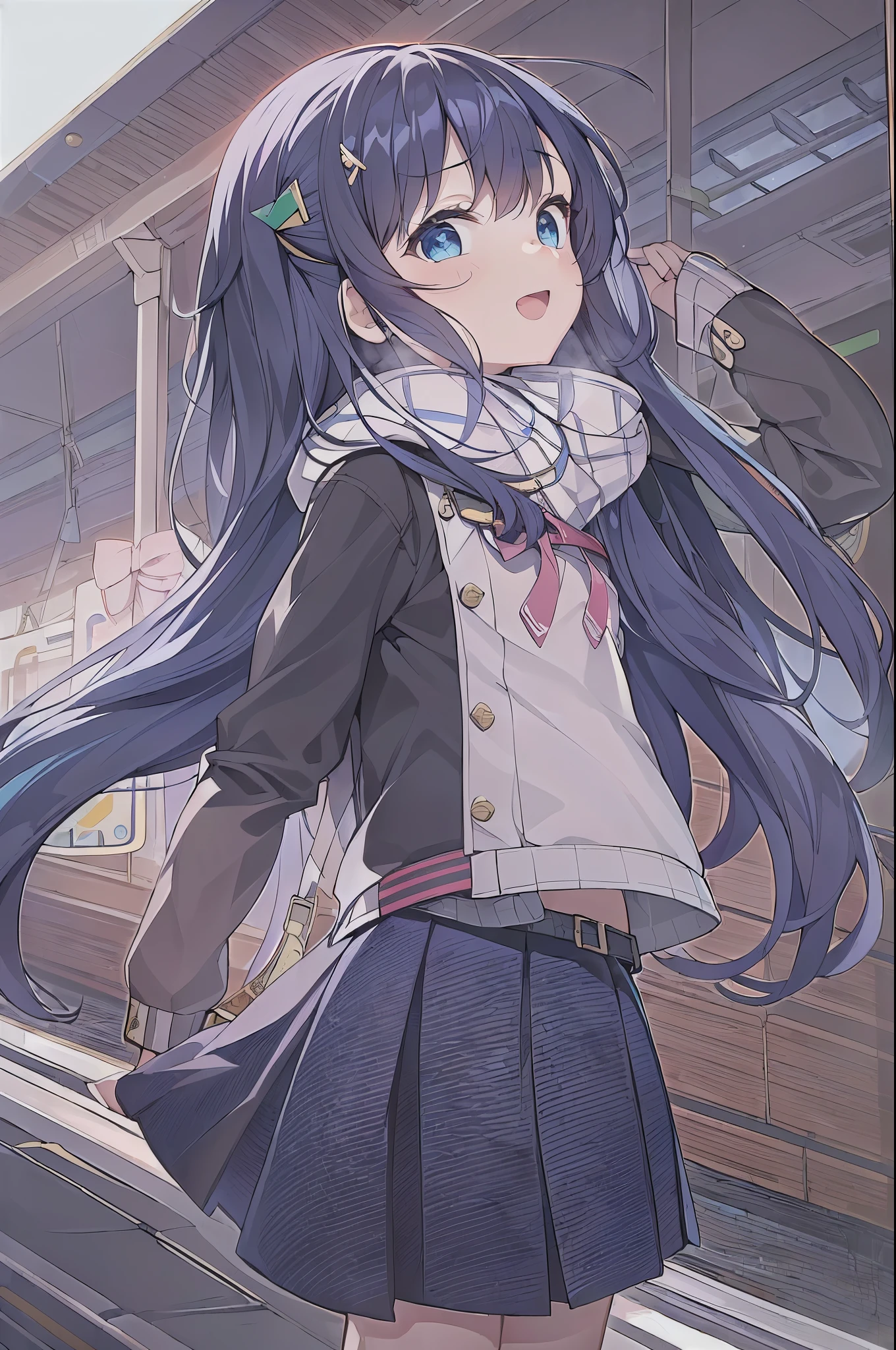 (((masterpiece))), (high quality:1.5), (beautiful:1.5), (((8K))), (High resolution:1.5), (High resolution:1.5), (1 girl:1.3), (child:1.5), (5 :1.5), (dark blue straight long hair:1.3), (very long dark blue sideburns), (dark blue bangs with very large parting:1.3), (simple hair clip:1.4), (Ahoge:1.4), (small blue eyes:1.2), (slightly droopy eyes:1.3), (Super thick sideburns and super long sideburns:1.1), (very long and thick sideburns,,:1.1), (Ultra-flat chest:1.4), (extremely small breasts:1.4), laughter, white cardigan, white pleated skirt, Standing on the platform of an urban station, train
