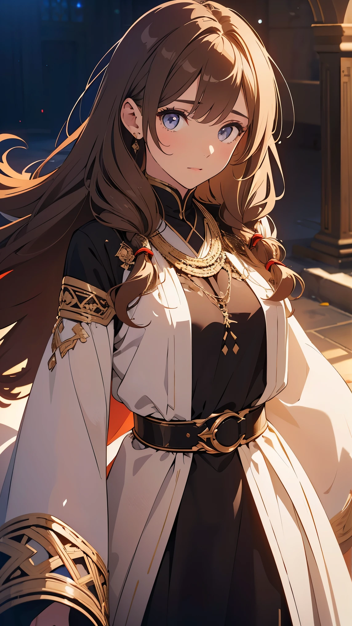 [[[masterpiece:1.2 ultra-detailed, best quality, soft skin, beautiful, 4K, high definition]]] portrait, auburn hair, amber eyes, long hair, slender body, tiara headband, serious expression, elegant, dignified, masterpiece, medieval royal traveling clothes, outside gardens