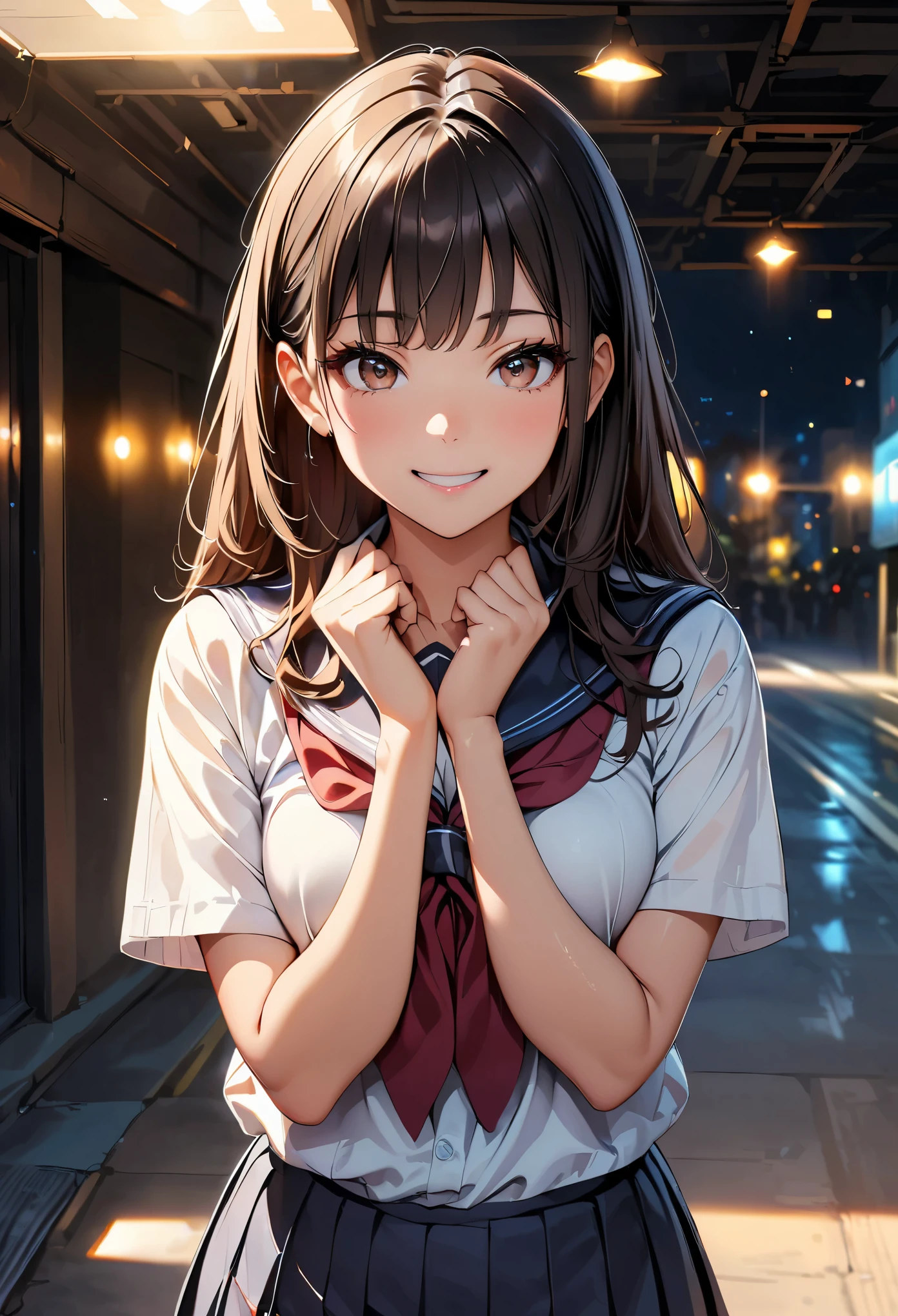 (highest quality, 4k, masterpiece :1.3), Beautiful woman, 1 girl, (chest, attractive body :1.2), JK:1.1, dark brown hair: 1.1, sailor suit, super detailed face, lip details, fine eyes, double eyelid