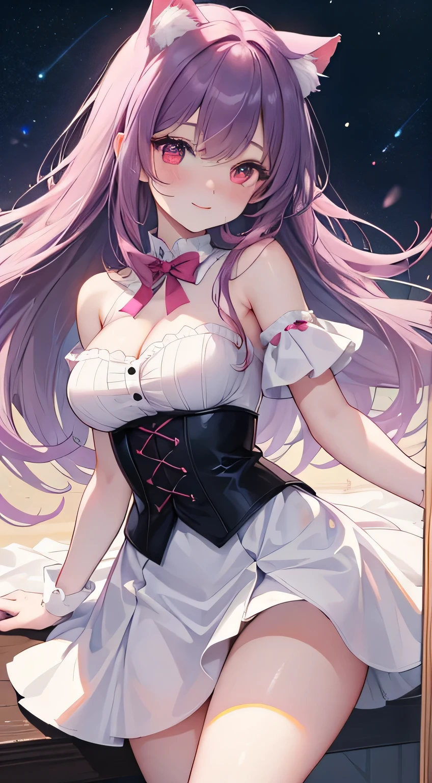 (masterpiece, best quality:1.2), alone, 1 girl, Cheryl Noem, Smile, shut your mouth, looking at the audience, off shoulder dress, corset, layered skirt, lift your legs, bare shoulders, outer space, Star (Sky),best quality, masterpiece, ultra high resolution, (lifelike:1.4), original photo, 1 girl, take off shoulders,masterpiece, best quality, {best quality}, {{masterpiece}}, {High resolution}, focus, anime style, Cartoon close-up of a woman, girls design, portrait, gisha, anime image, long hair, black hair, Look straight into the eyes, hair covering ears, happy, Polished and powerful look, out of tune, High, freckle, Smile, chic, rich and colorful, beautiful hair color、 beautiful eyes、 beautiful skin、beautiful legs、beautiful arms、perfect fingers、 Very cute,white hair, long hair,white cat ears, white cat tail,best quality,High resolution,top quality,pink bow,slender eyebrows,hair slightly moist,,very young,18 years old,Shy的Smile,Lift up most of the skirt with both hands,Wearing black knee-high socks on the right leg,Wearing white knee socks on left leg,extra large breasts,plump breasts,tall figure,pink bow ,Red eyes,white skirt,Blushed,Shy,凸显extra large breasts,Breasts mostly exposed,Showing big cleavage,Your back is facing me,Show little butt,extra large breasts,exposed breasts,Only a little bit of clothes on the whole body,Dressed in pink Lolita,Skirs cutouts at the end,The skirt is super short,put hands on legs,pink hair,man soaking in bathtub,The whole body is soaked,pink hair,Put your hands behind your back,Lying in bed,exposed buttocks