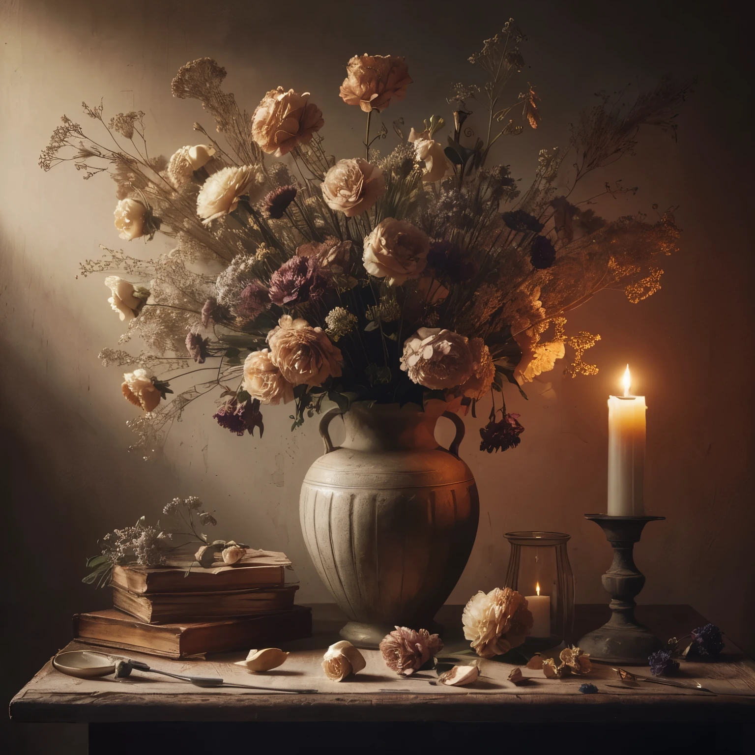 there is a vase with flowers and a candle on a table, old masters light composition, still life photography, by Aleksandr Gerasimov, by Alexey Venetsianov, by Alexander Kucharsky, alexey egorov, by Marie Bashkirtseff, by andrey ryabovichev, beautiful composition, soft light dull mood